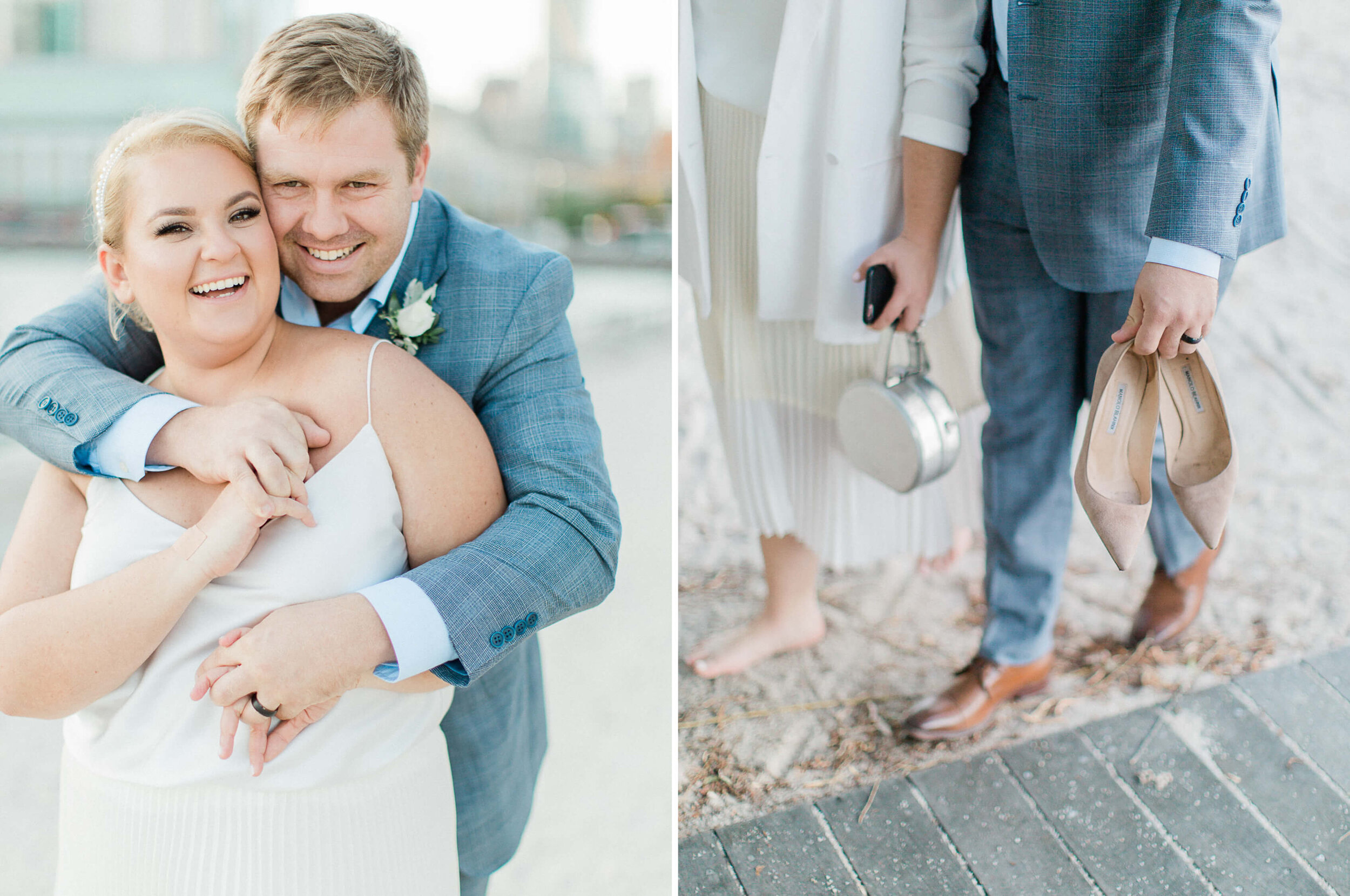 bride and groom posing naturally for candid wedding photographs at their intimate allen gardens elopement