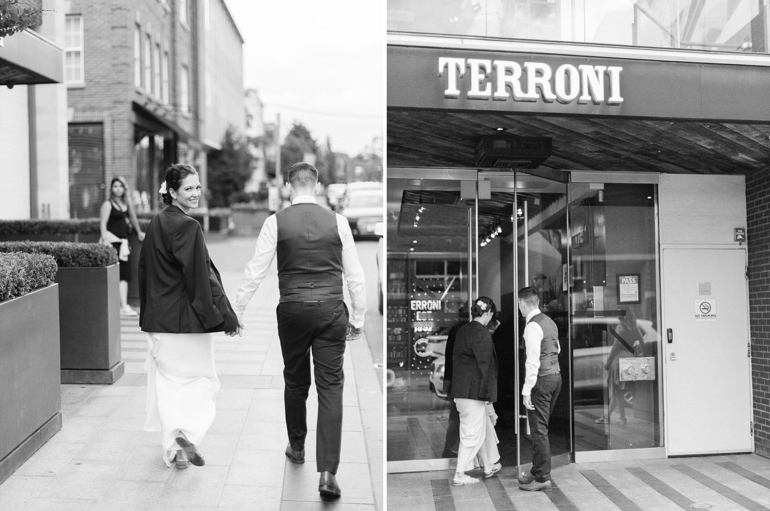 candid wedding photograph of bride and groom posing naturally at sunset at an intimate downtown toronto wedding at terroni restaurant
