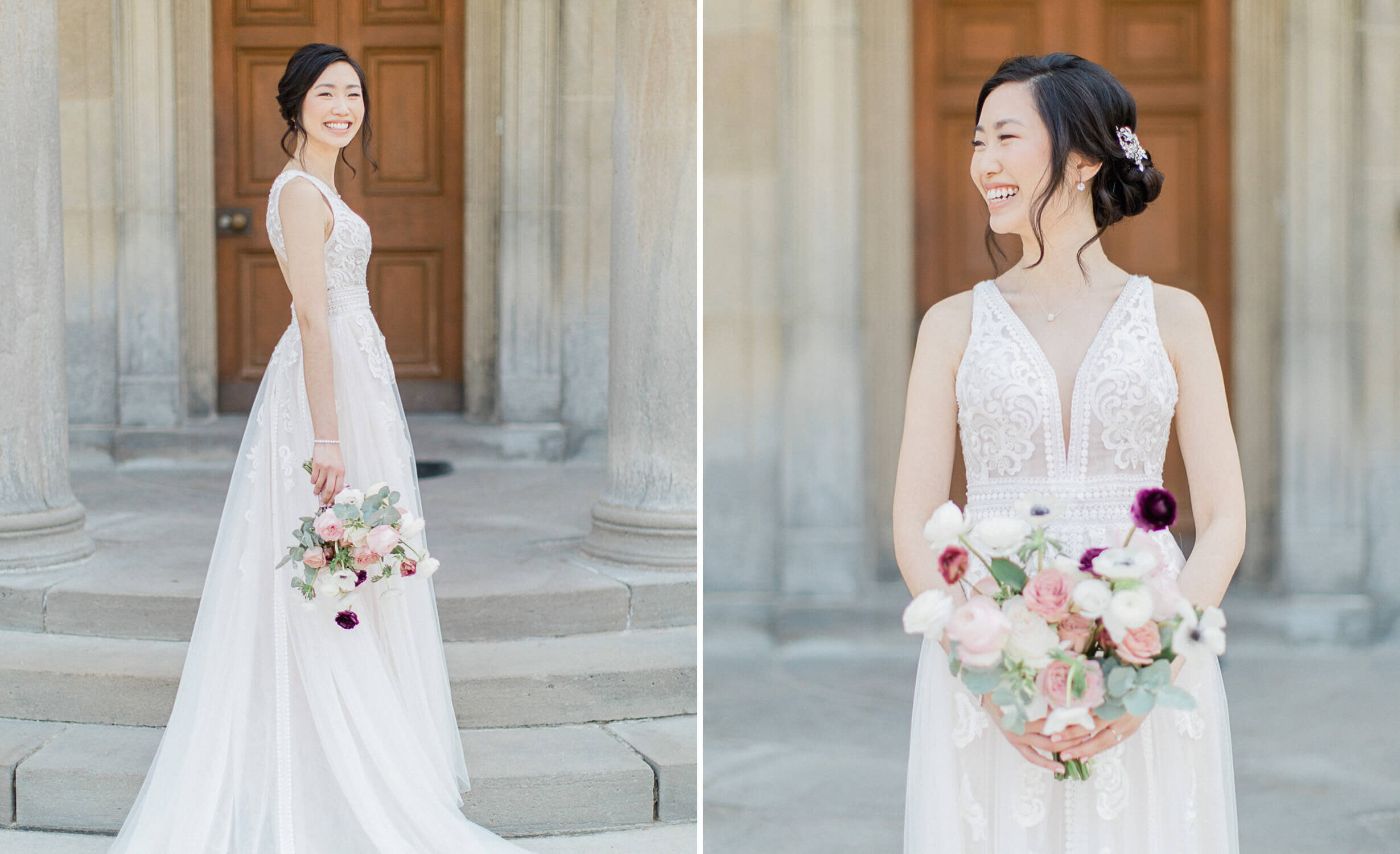 happy bride posing naturally for her wedding photos at dunlap observatory