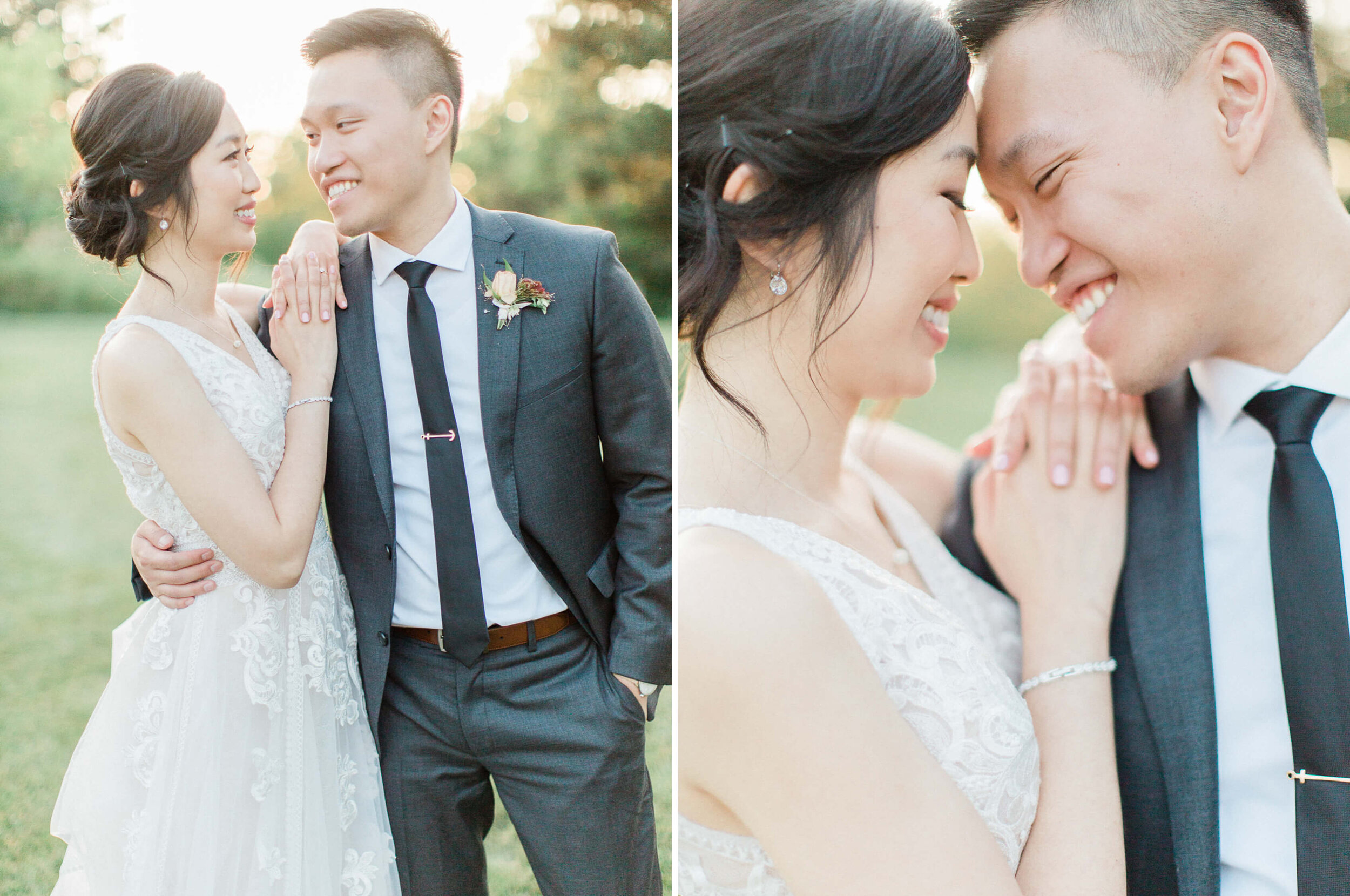 bride and groom posing naturally for their wedding photographs at the manor at sunset