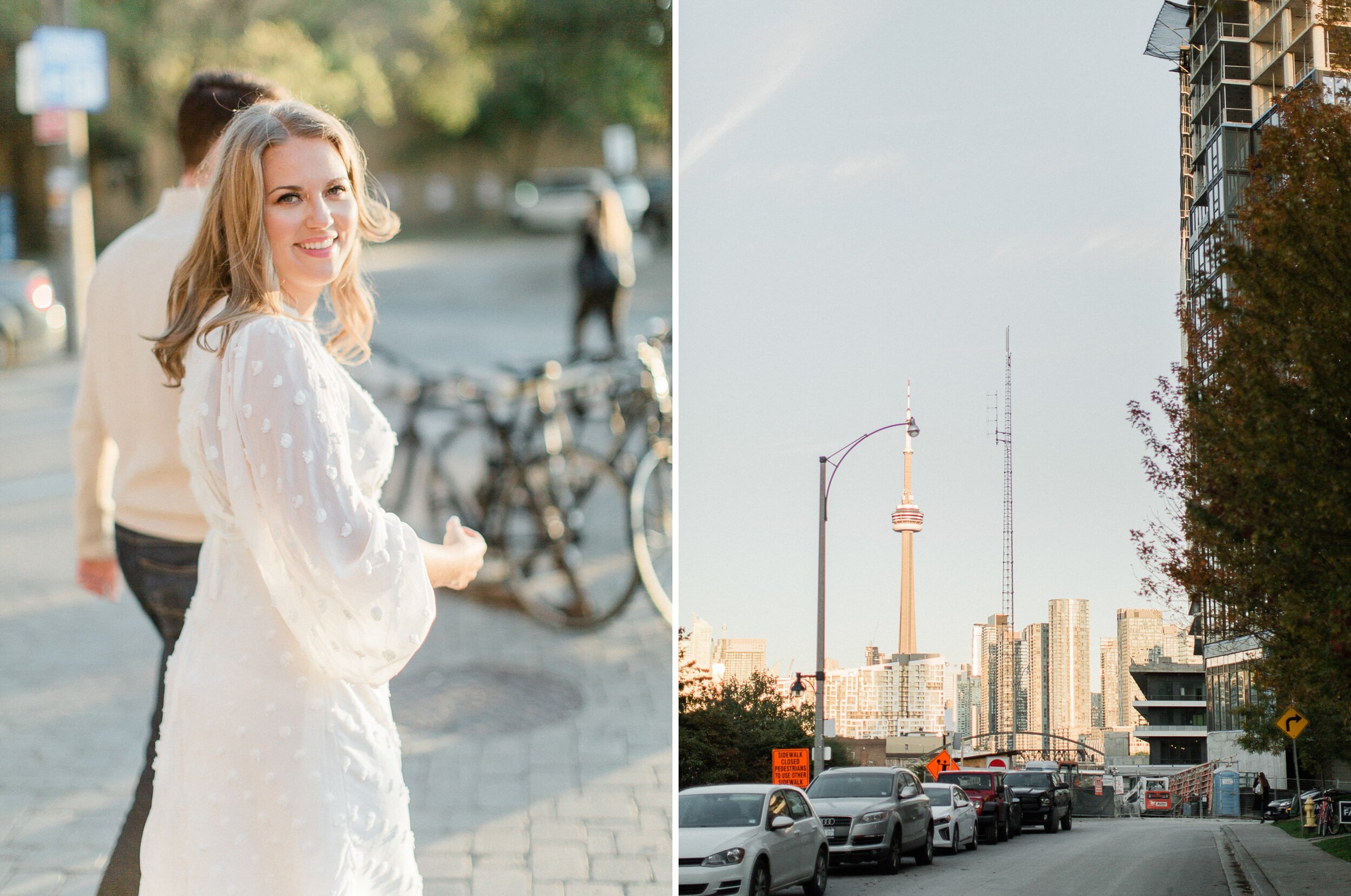 A stylish couple pose naturally for their fall engagement photos in liberty village