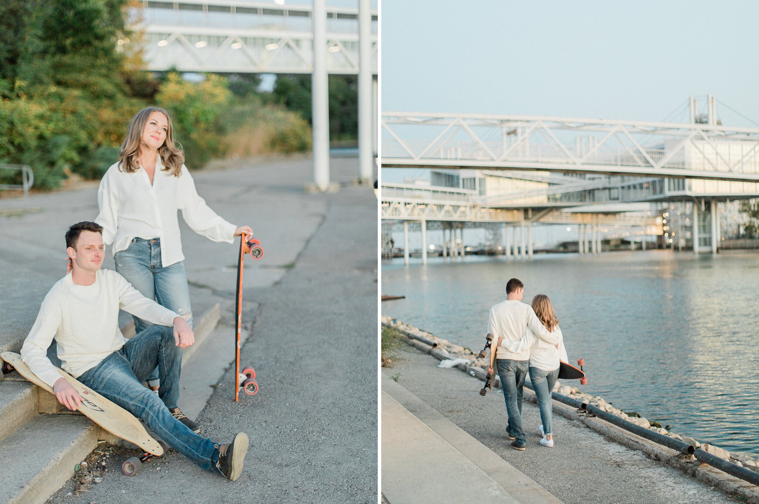 A relaxed couple with their longboards at their engagement session in Toronto