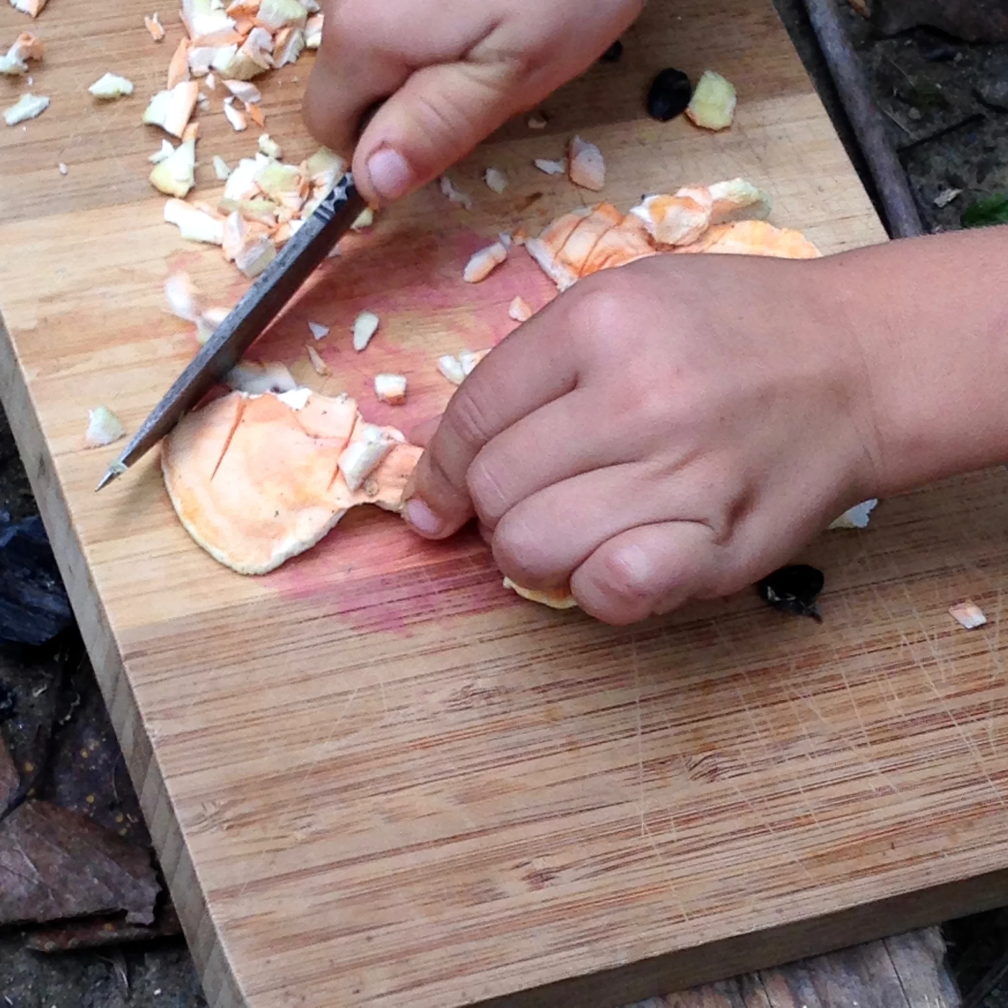 "Don't try this at home," say Kunsang and Silas, as they practice their fast, fine chopping skills. "Because we're professional chefs!"