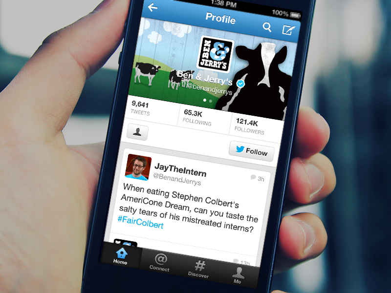 Next, we take to Twitter where Ben & Jerry's equips the interns with a designated handle to promote the issue via humorous tweets. Ben & Jerry's rewards any fan who interacts or RTs the interns with a free cone thus incentivizing fans to sp