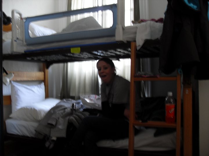 Pulling a bizarre face on my bunk-bed.