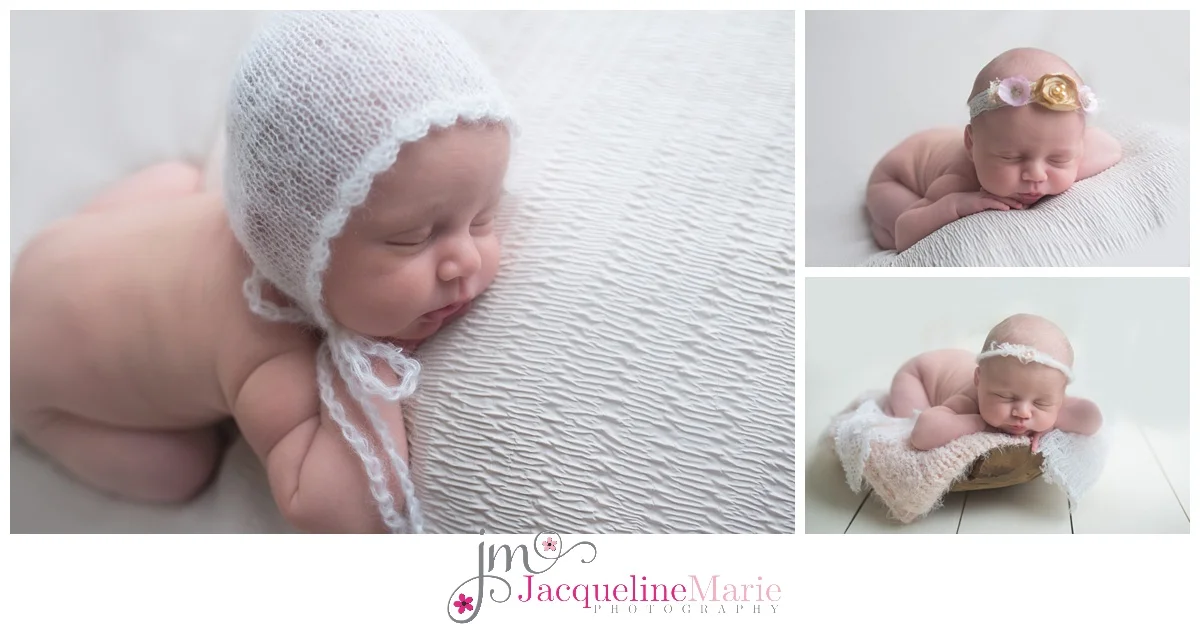 Columbus ohio Newborn Photographer features images of baby girl wearing white knit bonnet and baby sleeping in wood bowl for newborn baby pictures