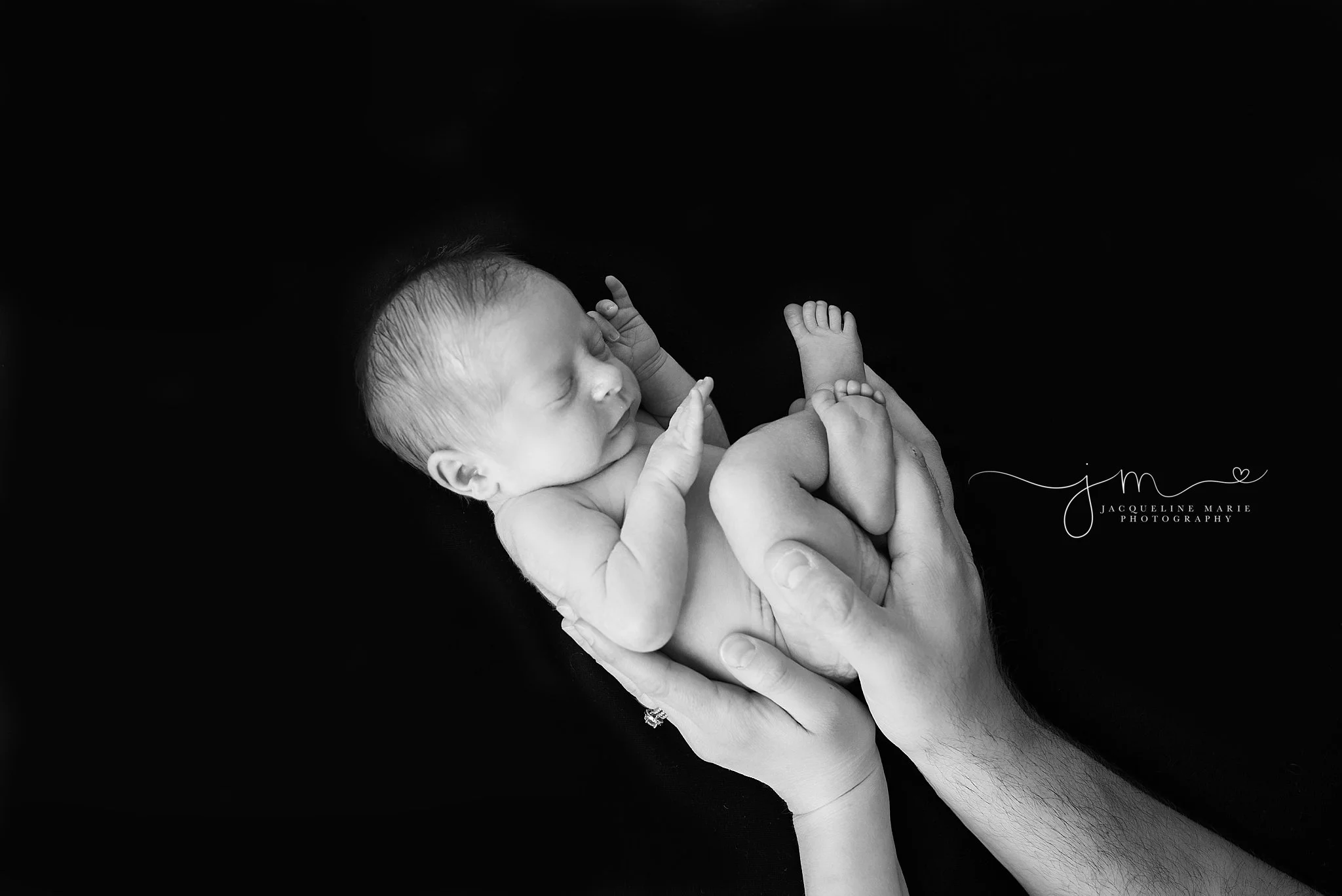 black and white newborn pictrues features baby curled into parent's hands in Columbus Ohio