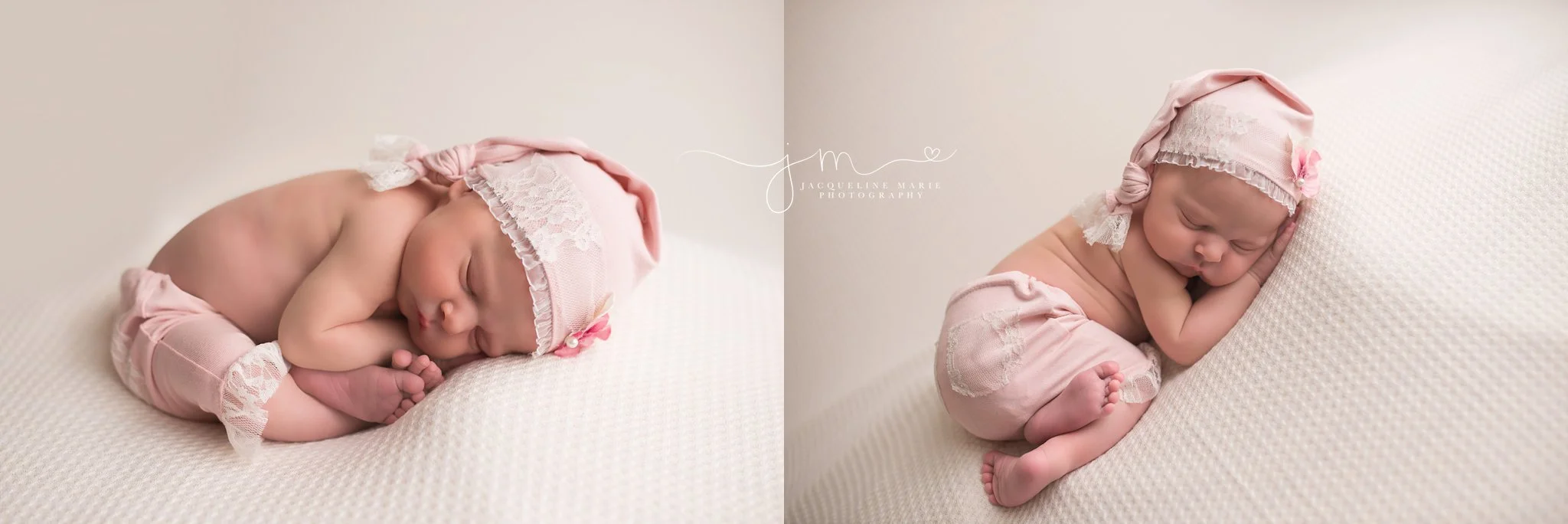 12 day old newborn baby girl wears pink lace hat for portrait session with Jacqueline Marie Photography in Columbus Ohio