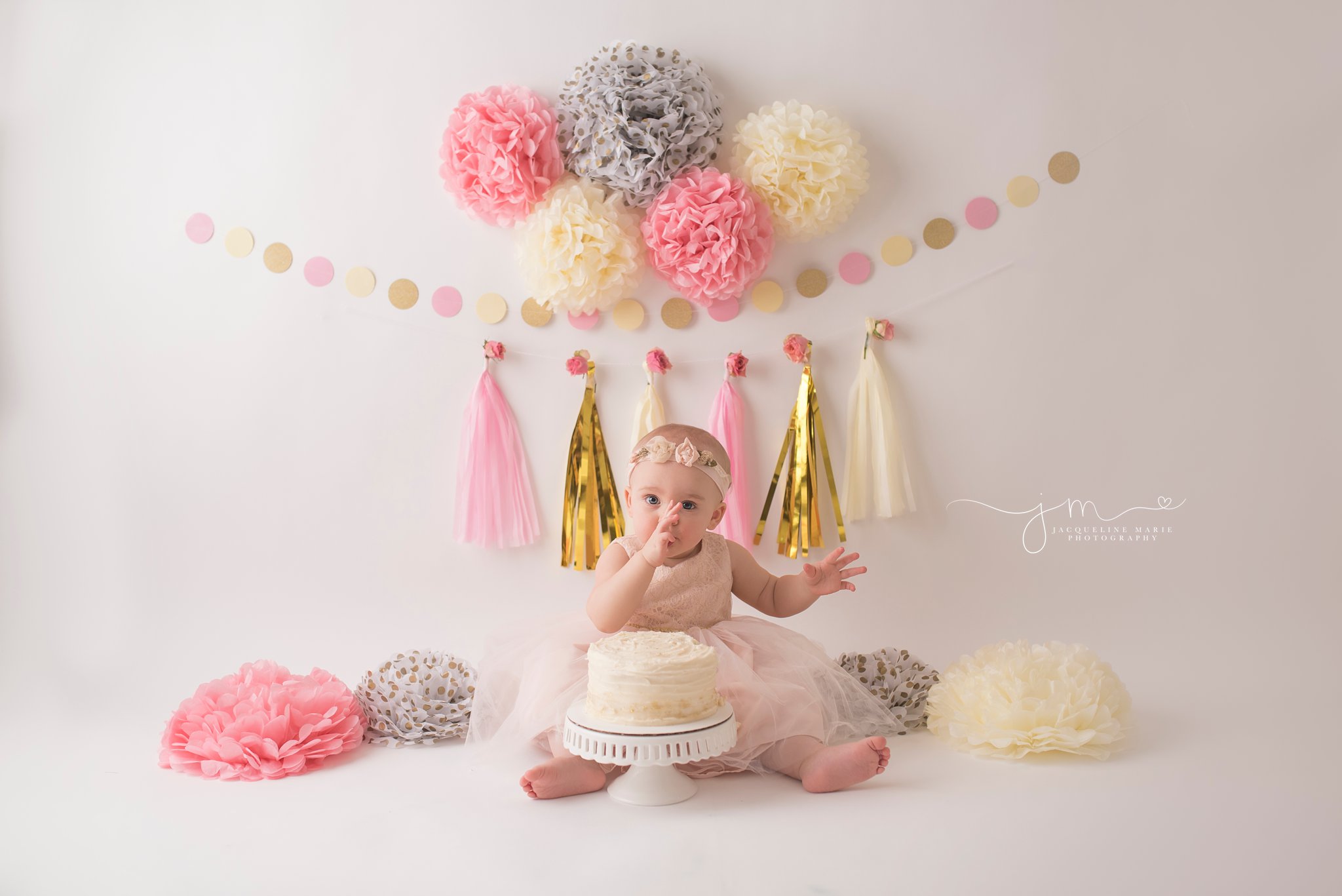 columbus ohio first birthday photographer features pink and gold custom cake smash photography for catherine 