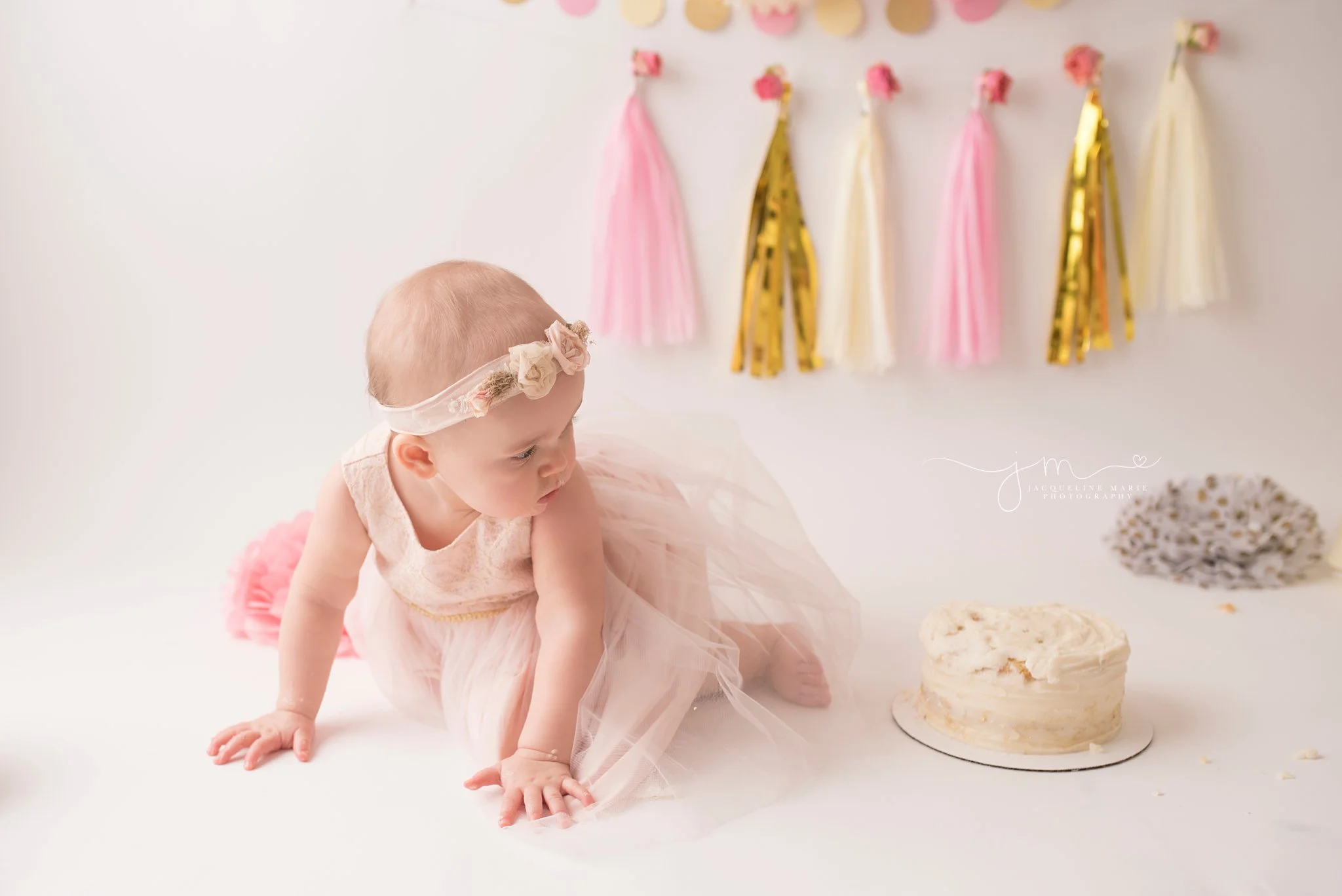 first birthday photographer features baby wearing pink and gold dress in columbus ohio