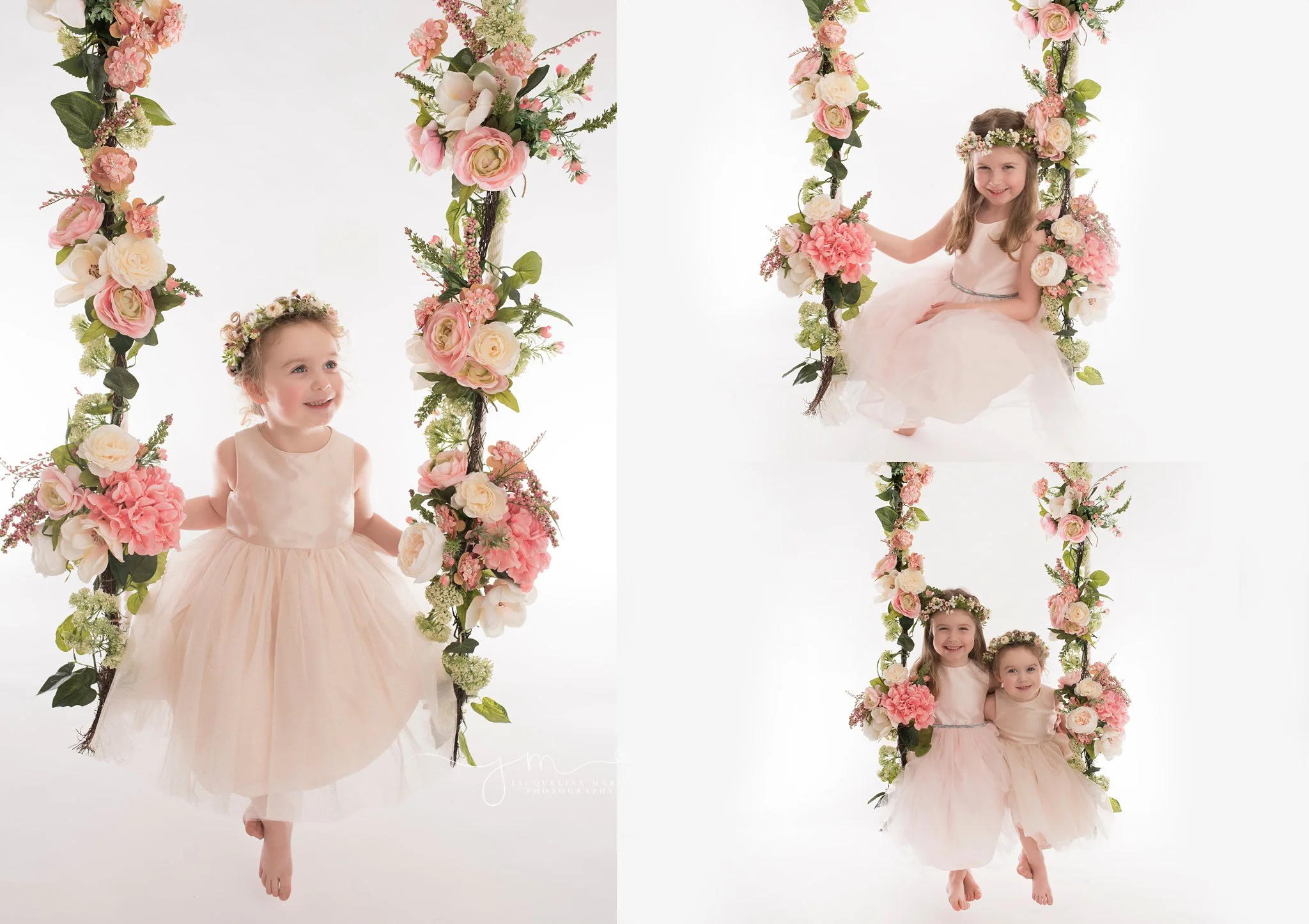 columbus ohio children and baby photographer features sisters sitting on floral swing in pink dresses