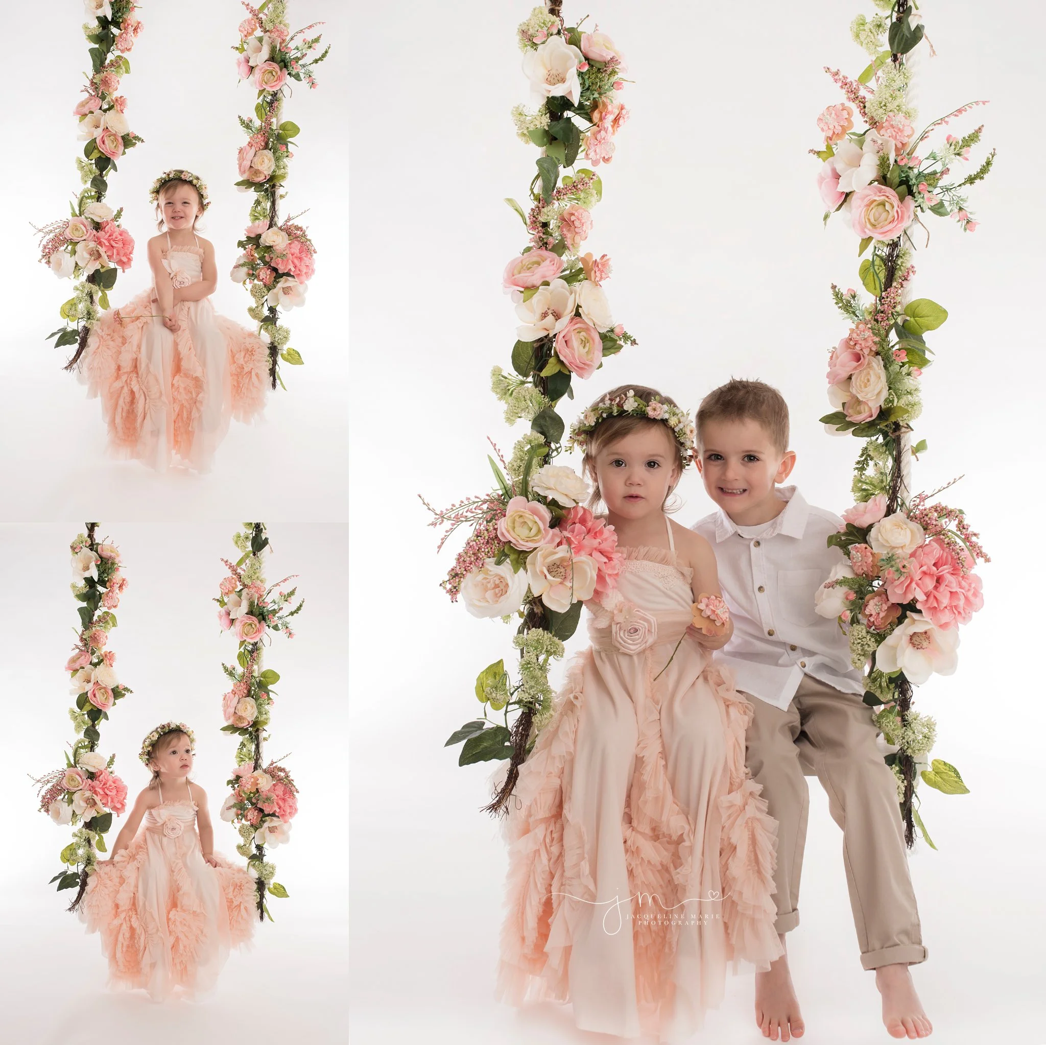 columbus ohio children photographer features image of brother and sister sitting on floral swing in portrait studio