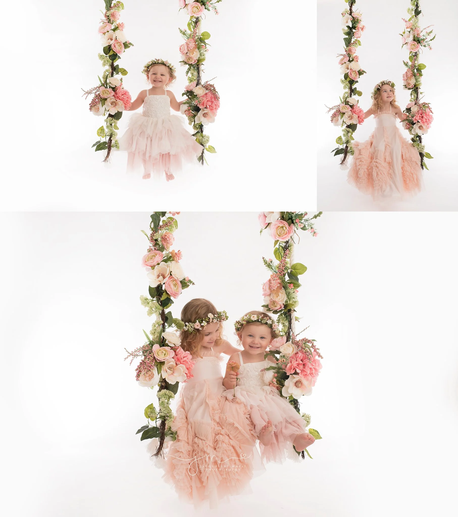 sibling photography featured in columbus ohio with sisters wearing pink dresses and matching floral crowns