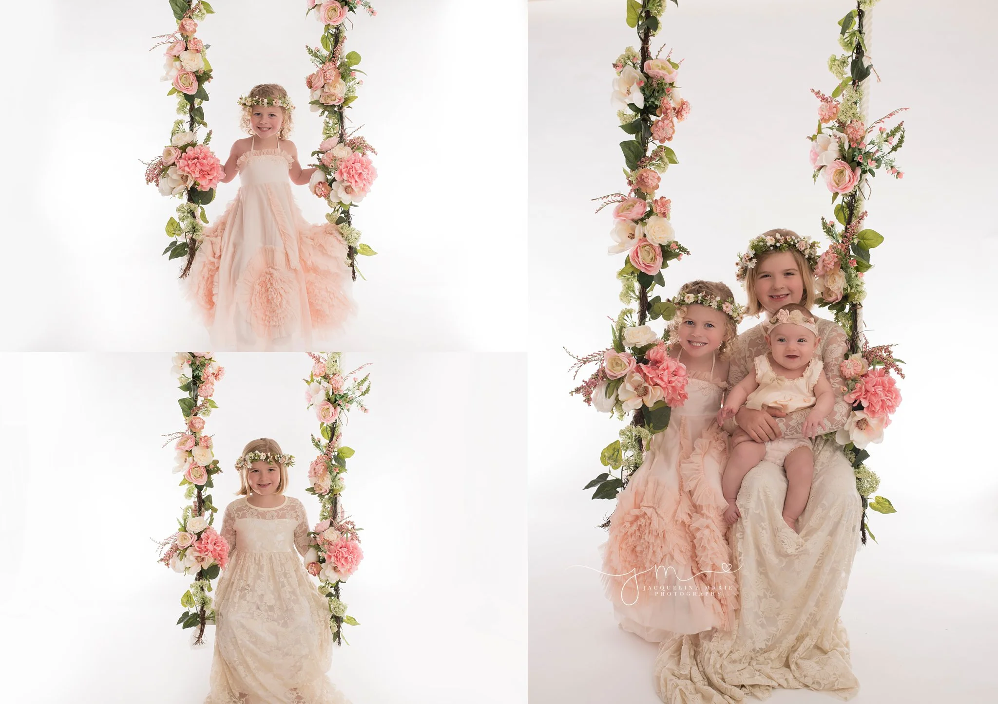 columbus ohio children photographer offers tree swing portraits wth pink flowers