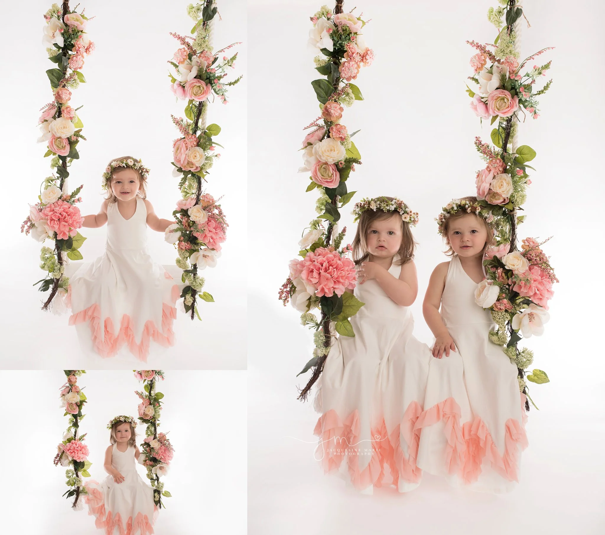 twin sisters wear white and pink dresses with pink floral crowns while sitting on floral swing in columbus ohio