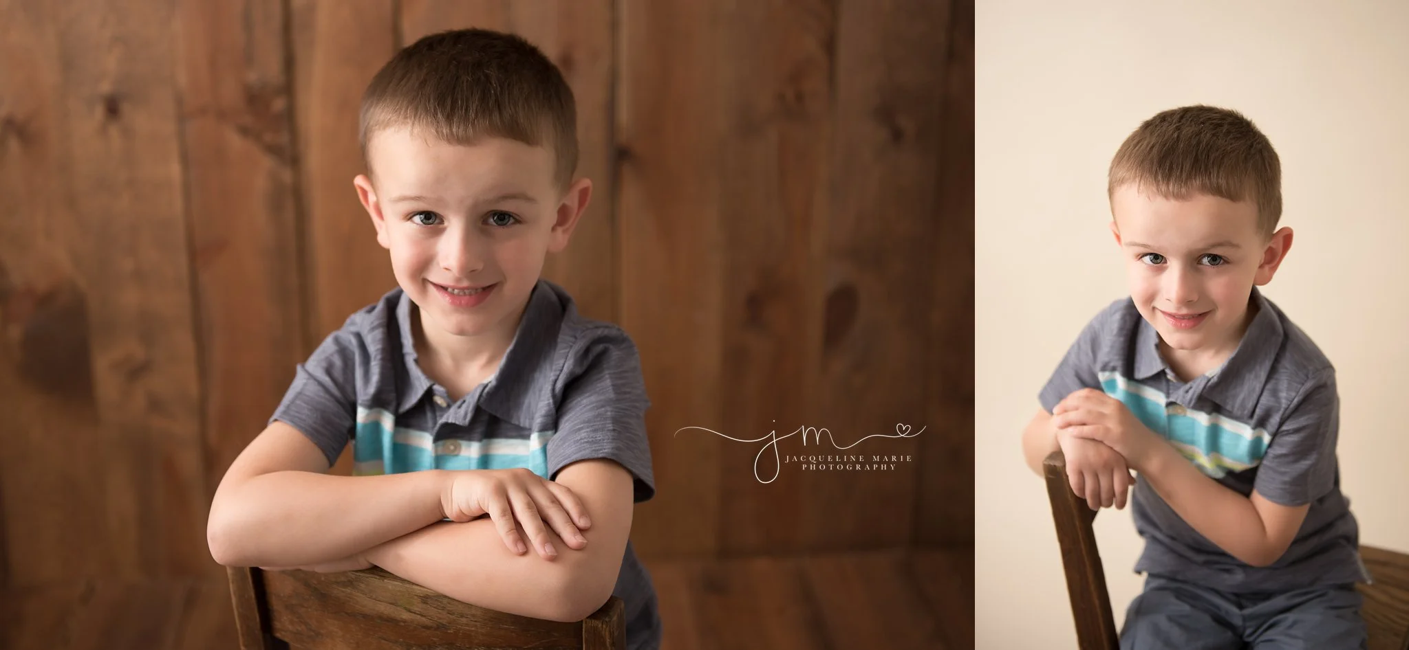 columbus ohio 5 year old boy wears striped polo while sitting on wood chair for milestone photography portraits by jacquekline marie photography 