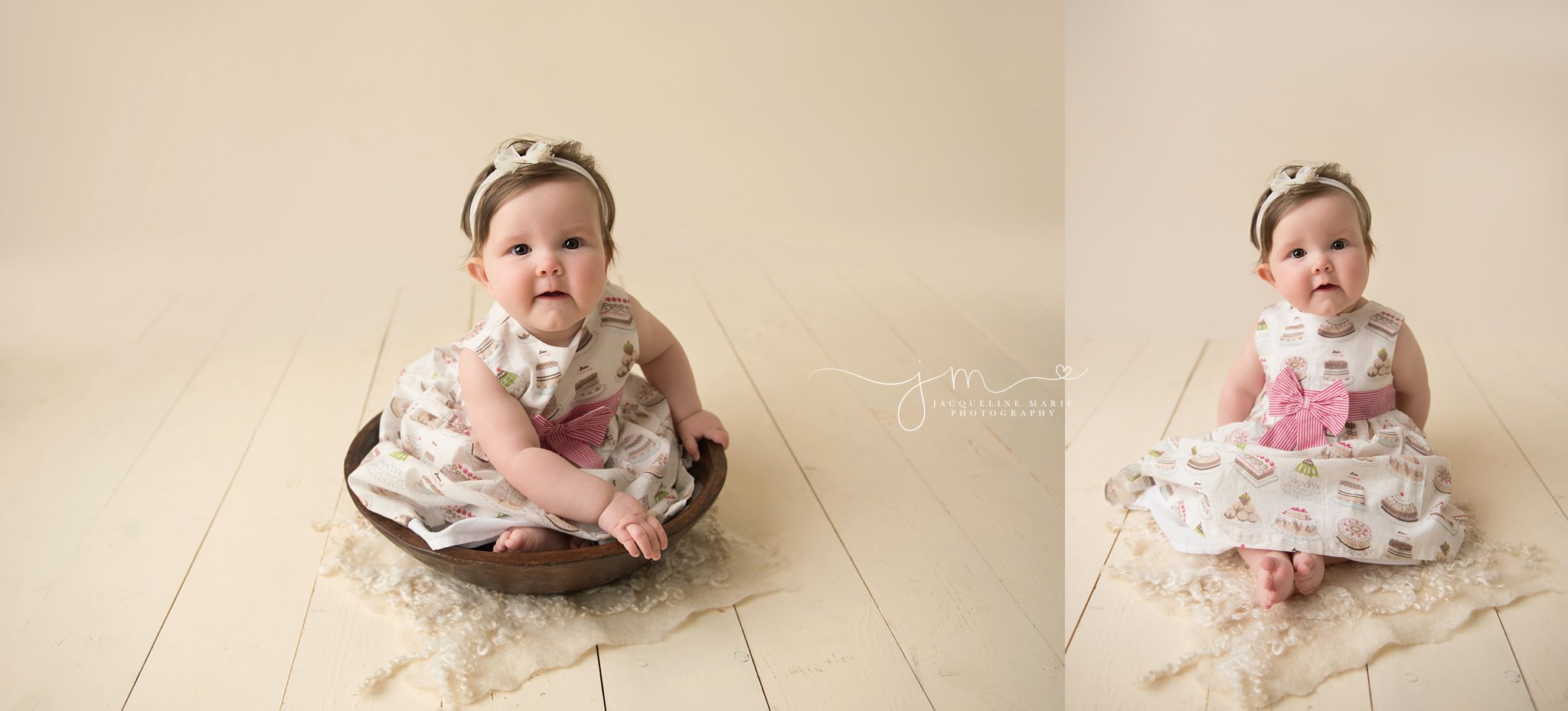 6 month old baby sits in wooden bowl and wears dress with cupcakes on it in columbus ohio for baby milestone pictures