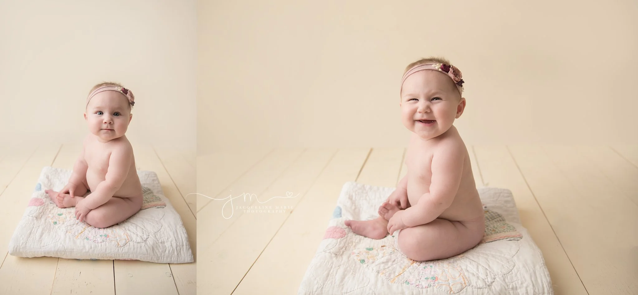 columbus ohio sits on vintage pastel quilt and smiles for her milestone pictures at jacqueline marie photography studio