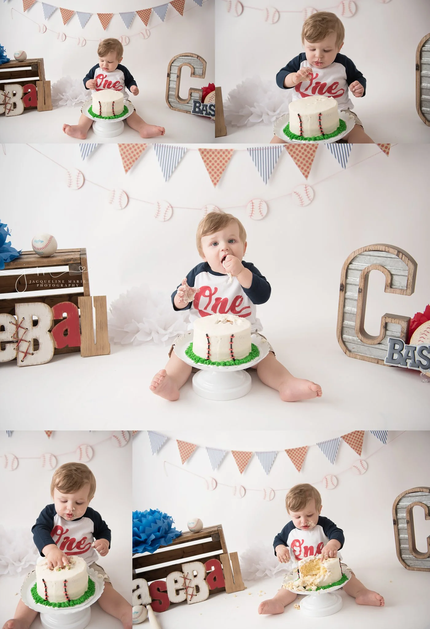columbus ohio first birthday and cake smash photographer features baseball themed images and bay eating cake for cake smash photography at jacqueline marie photography studio
