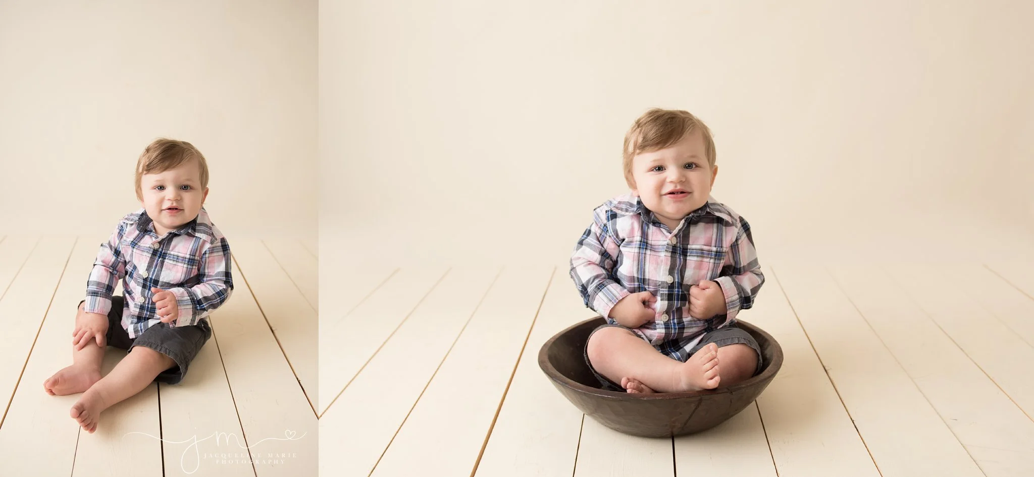 one year old baby boy wears plaid shirt while sitting in wood bowl for first birthday milestone portraits in columbus ohio