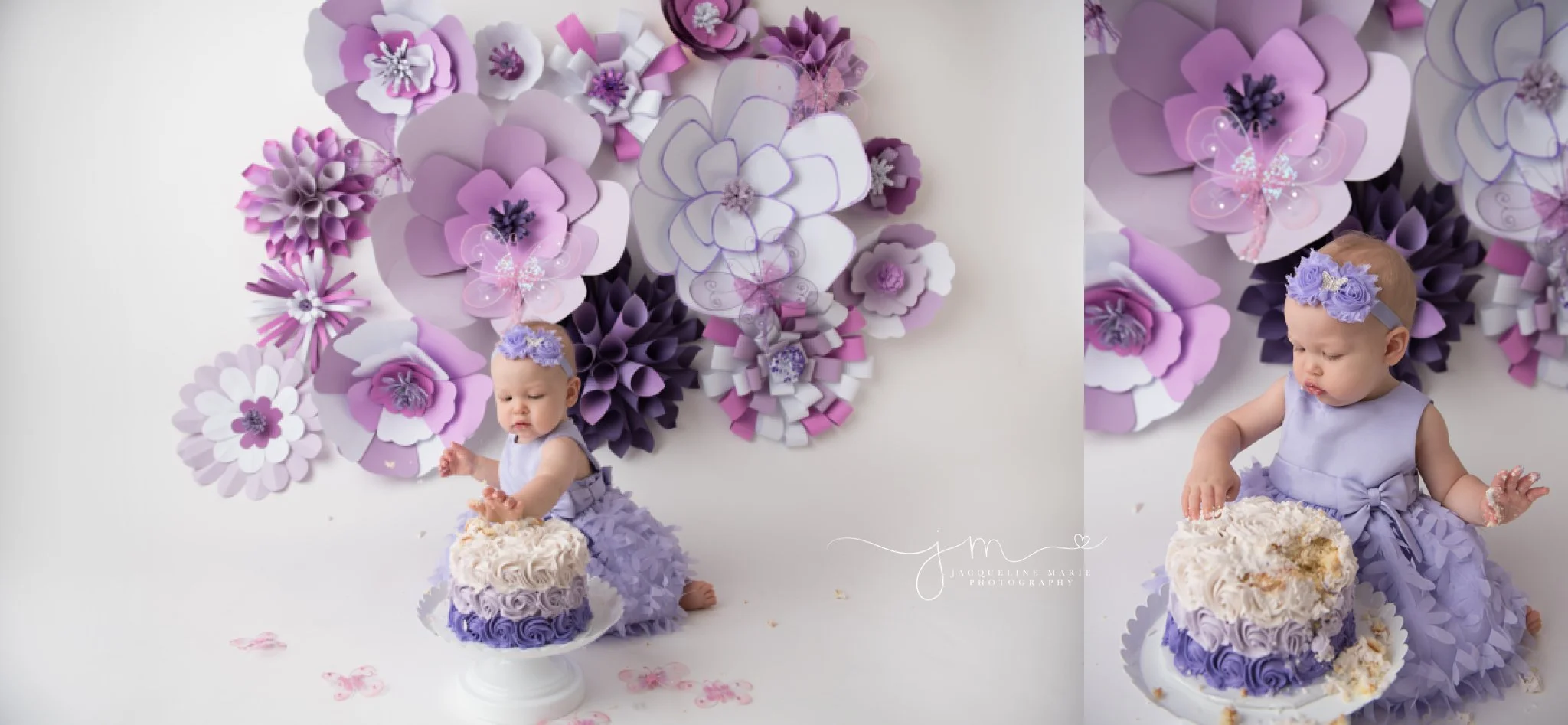 1 year old baby girl eats cake while wearing purple dress for first her first birthday cake smash pictures in columbus ohio