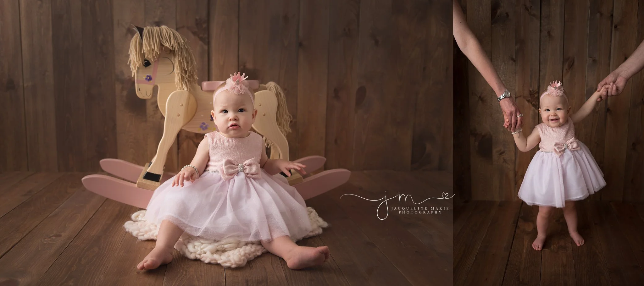 first birthday milestone photographer features baby girl standing and holding hands with her parents and sitting with a rocking horse in columbus ohio