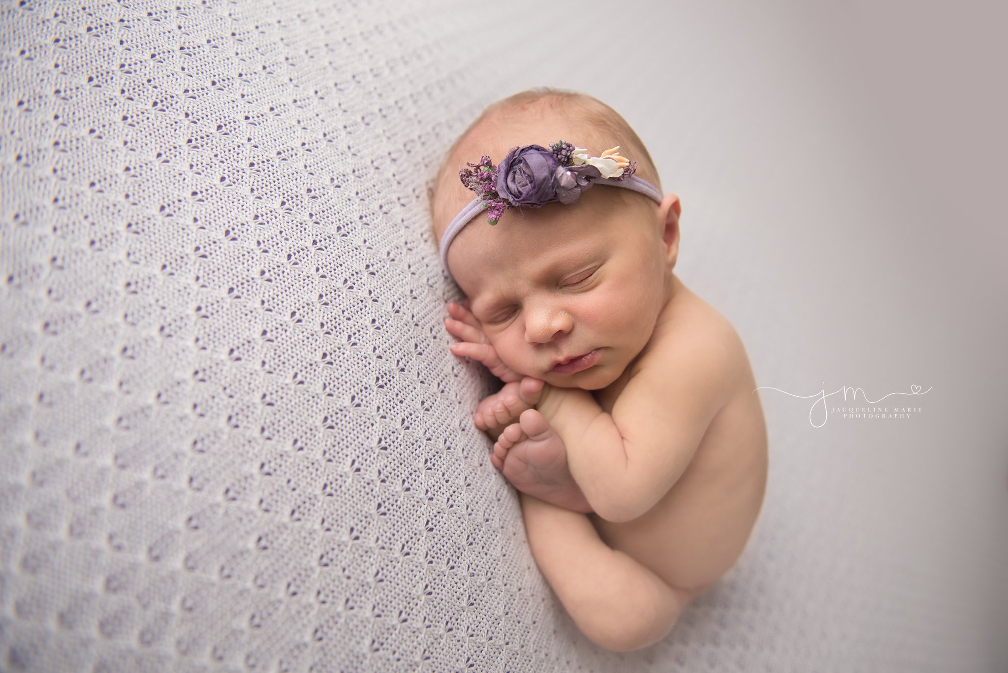 columbus ohio newborn baby is curled up sleeping during newborn photography session at jacqueline marie photography studio