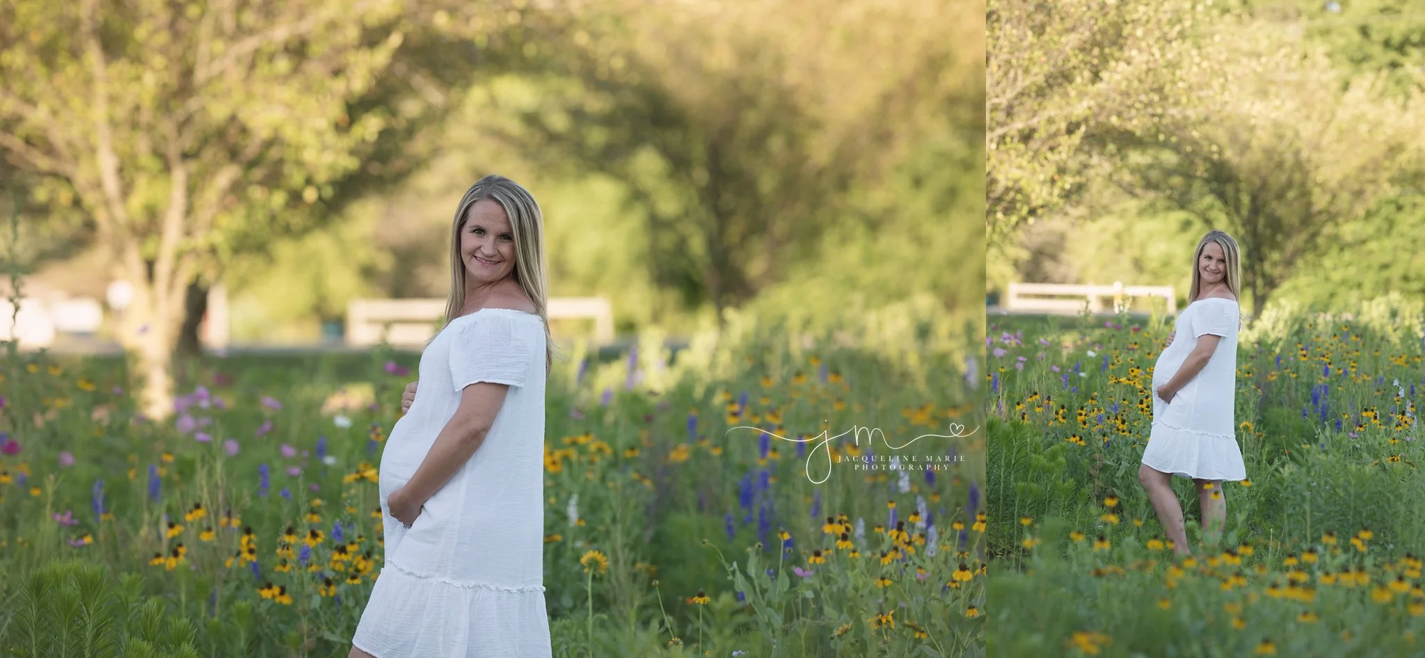 beautiful mother to be wears a white dress in a field of yellow flowers in columbus ohio for maternity and pregnancy pictures 