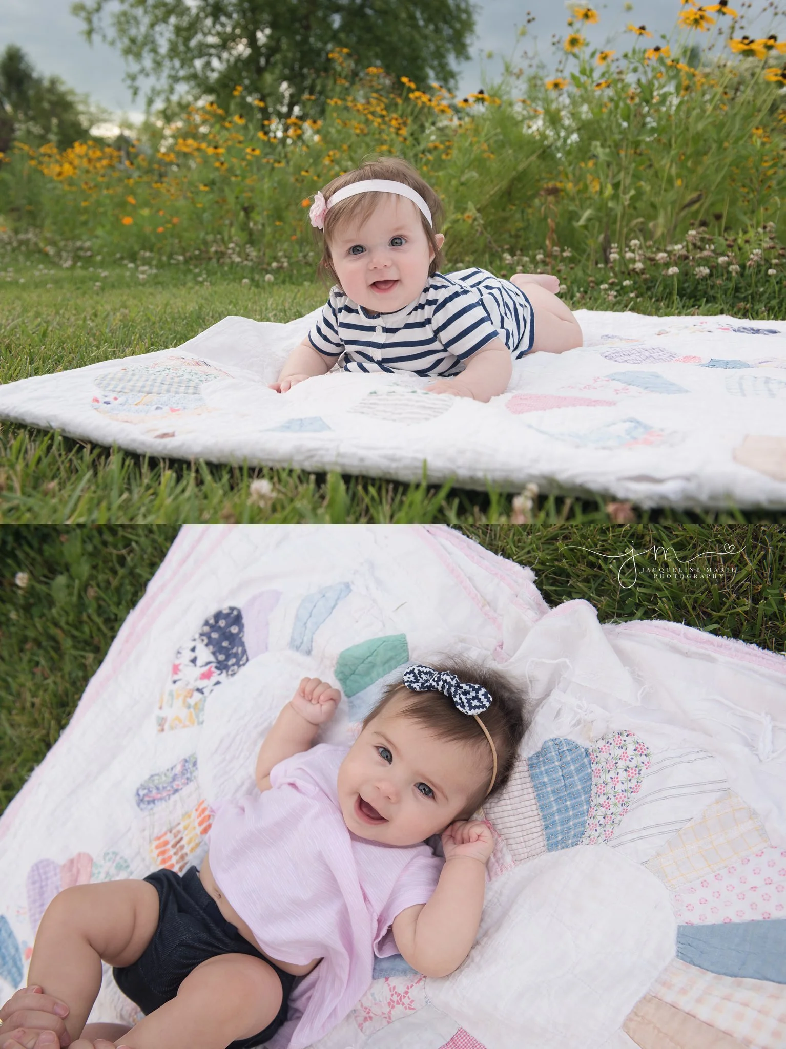 columbus ohio baby and children photographer features twin sisters on pastel vintage quilt at homestead park