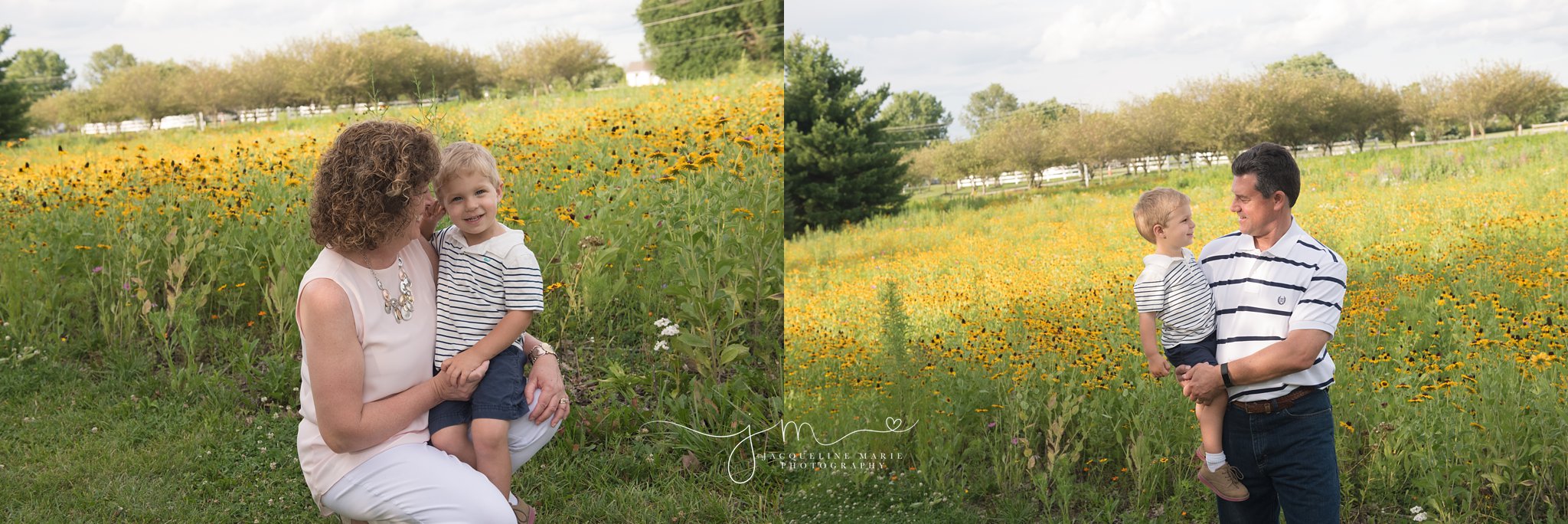 grandmother and grandfather hold their grandson and smile while telling a story at sunset in a field of flowers in columbus ohio for family photography portraits 
