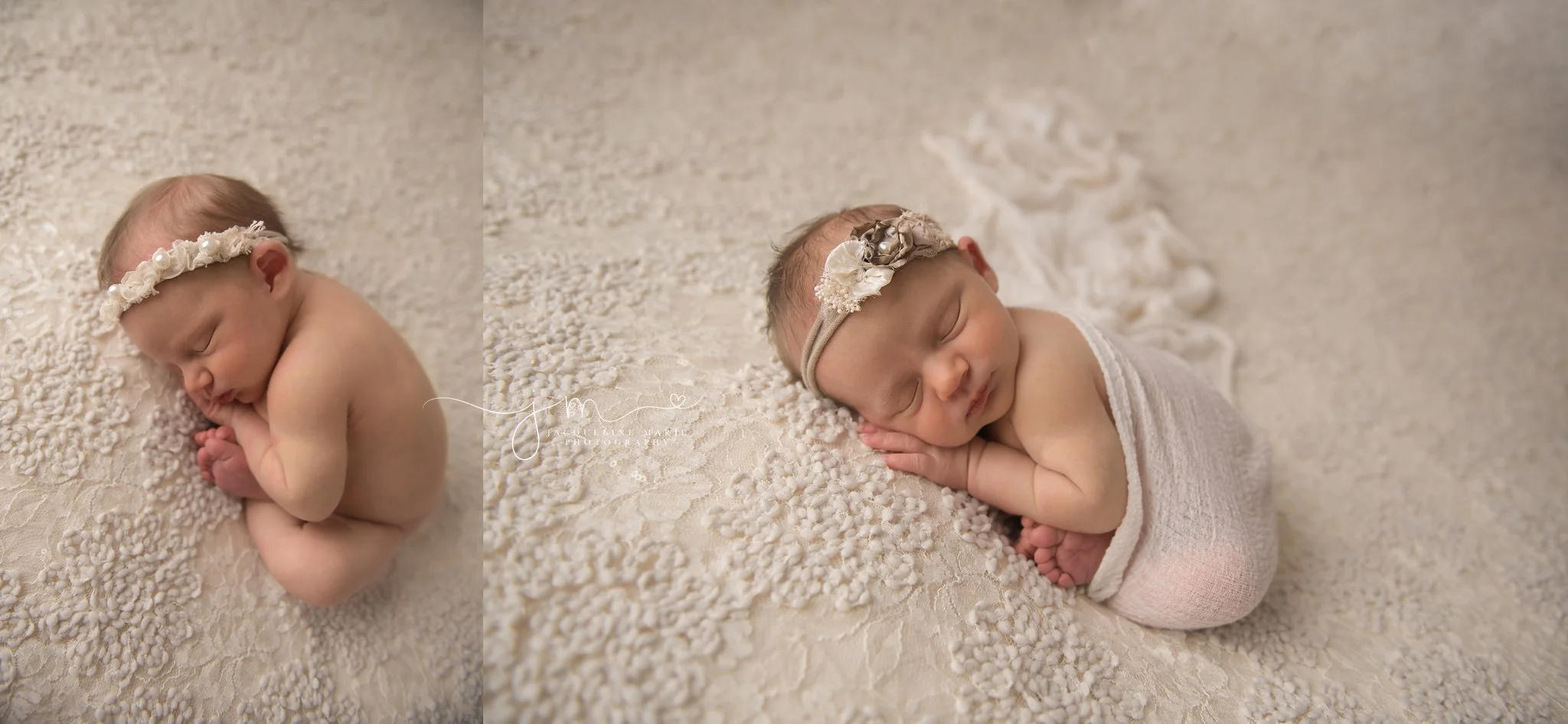 newborn baby girl wears cream pearl headband and cream wrap at jacqueline marie photography studio in columbus ohio