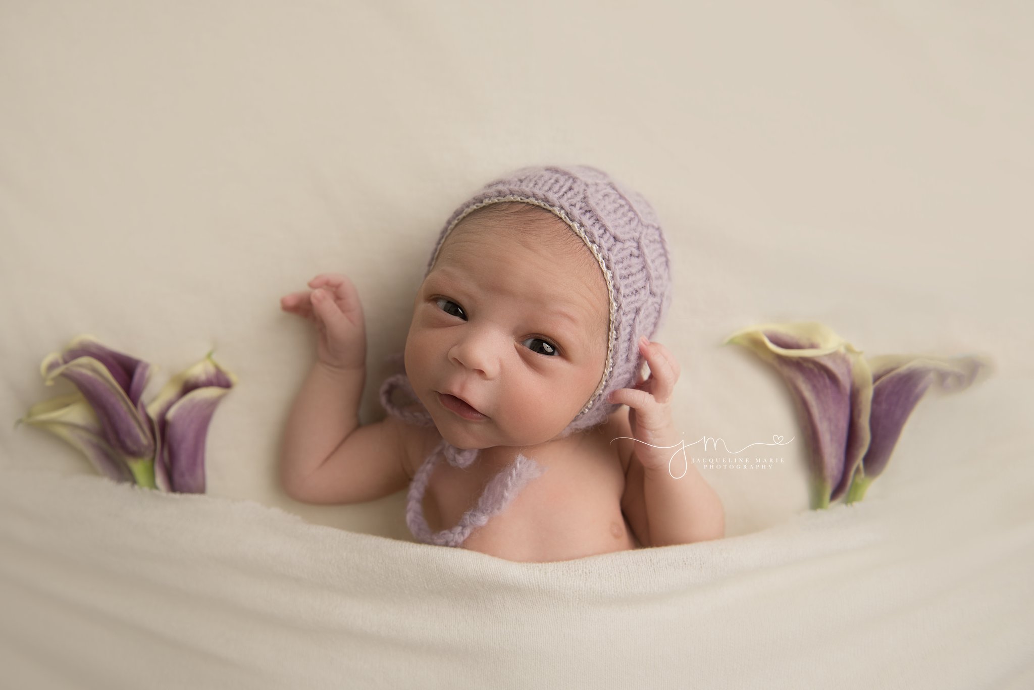 1 week old newborn baby girl is awake for newborn photo wearing lavendar bonnet 