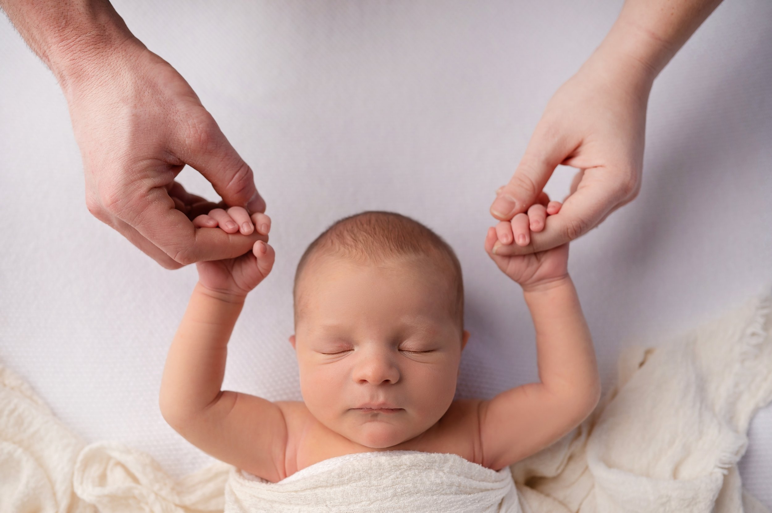 newborn baby portrait holding parents hands 