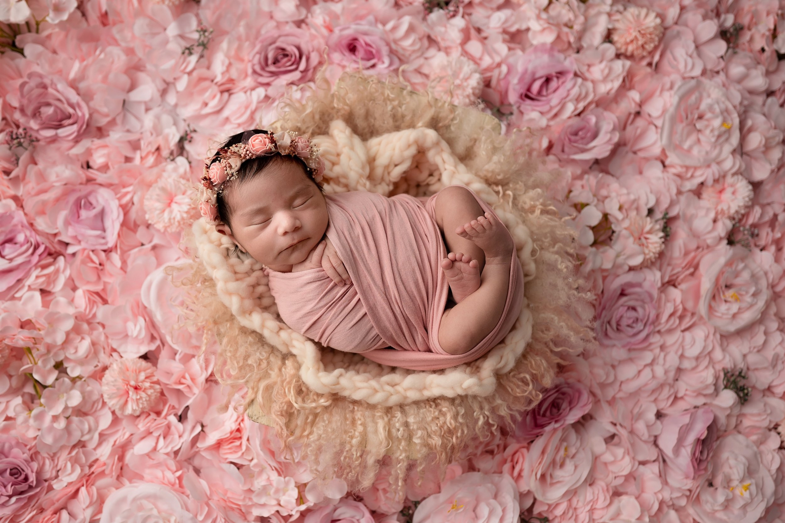 pink floral portrait in columbus ohio newborn photography studio