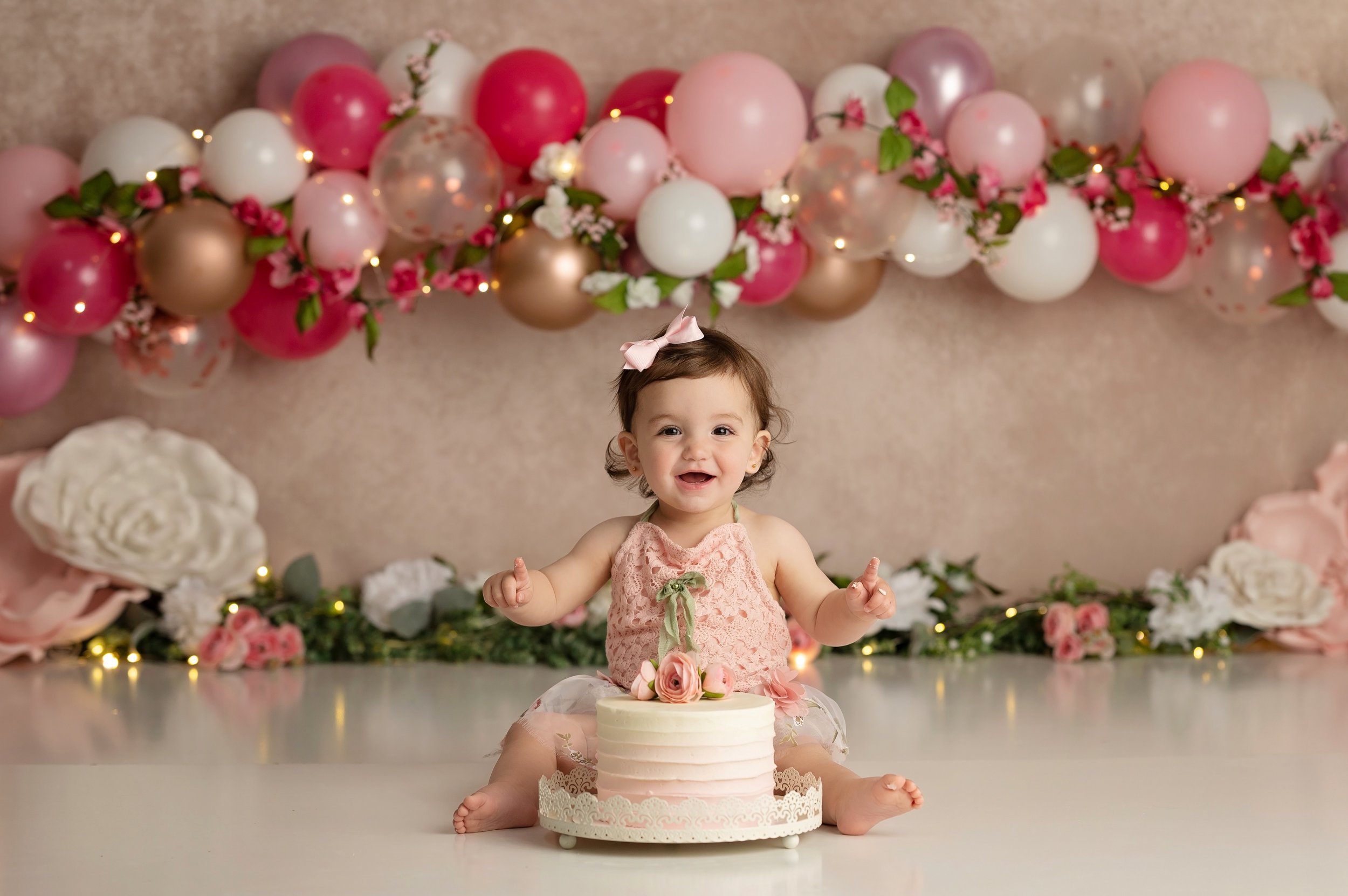 first birthday cake smash with pink and floral in columbus ohio