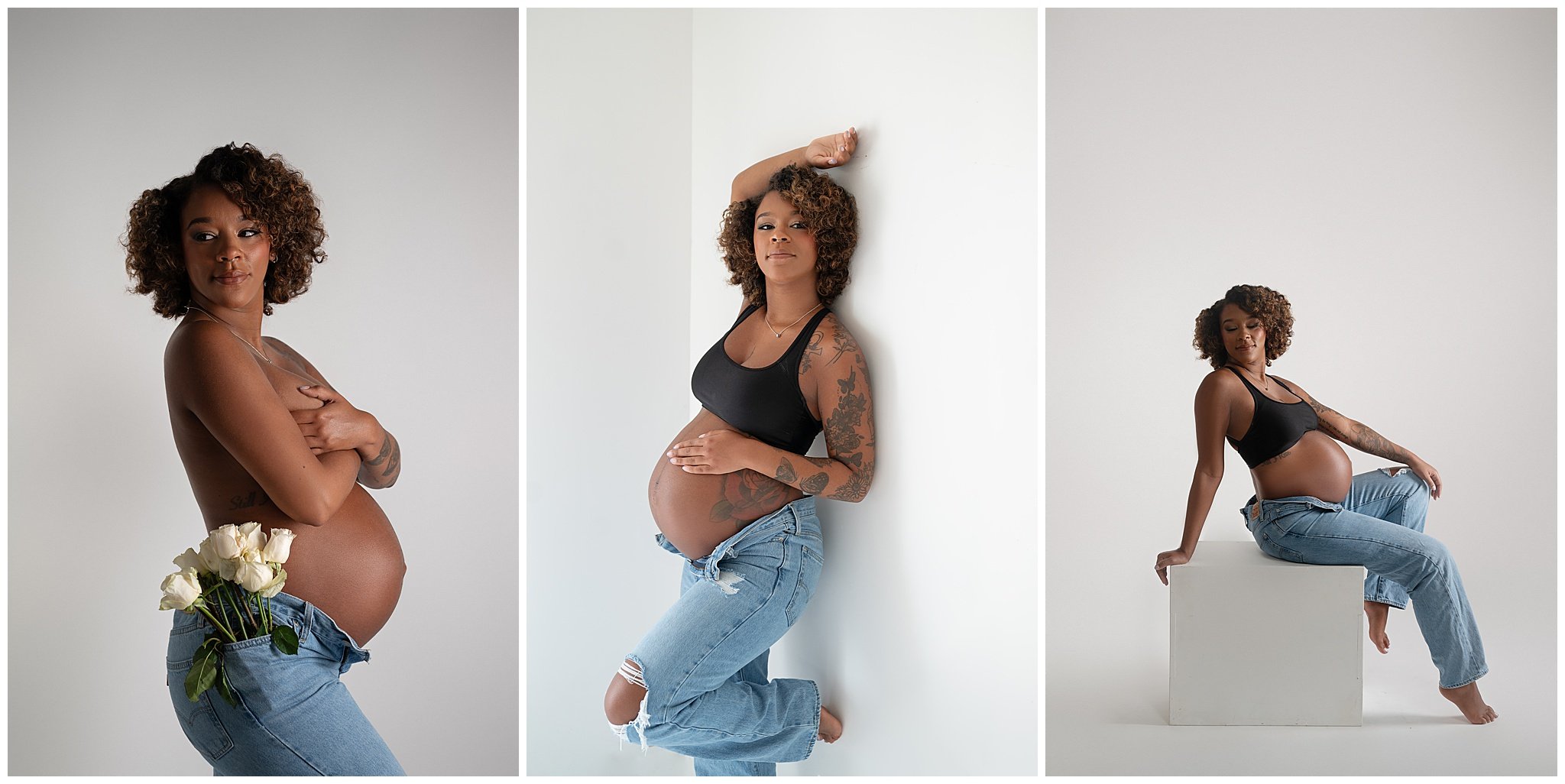 simple and classic maternity session with denim and flowers