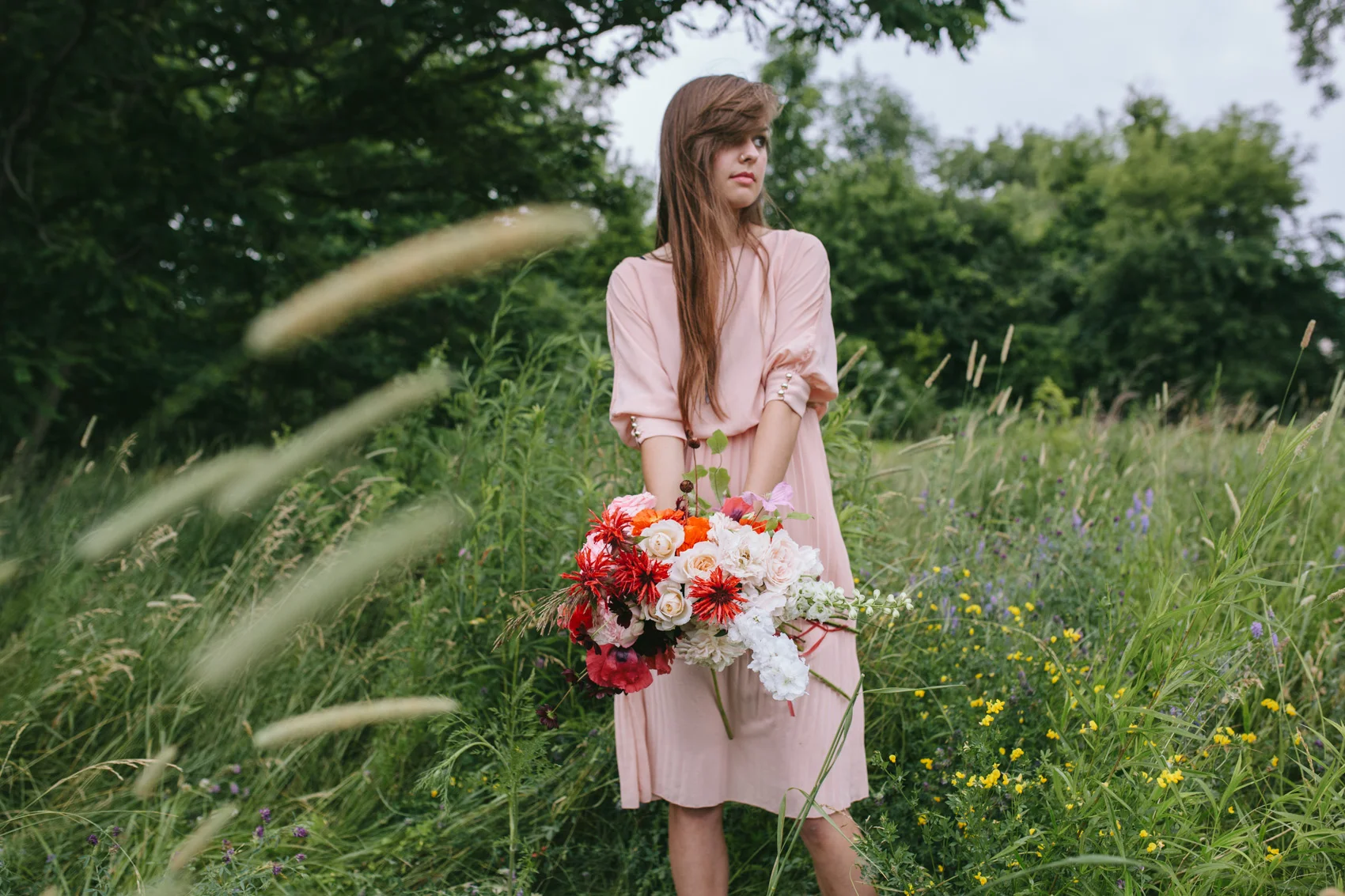 Nectar & Root Floral Designs_Vermont Wedding Flowers_July Wedding_ Burlington VT_ bee balm garden roses chocolate cosmos poppies grasses larkspur_Caroline 12.jpg