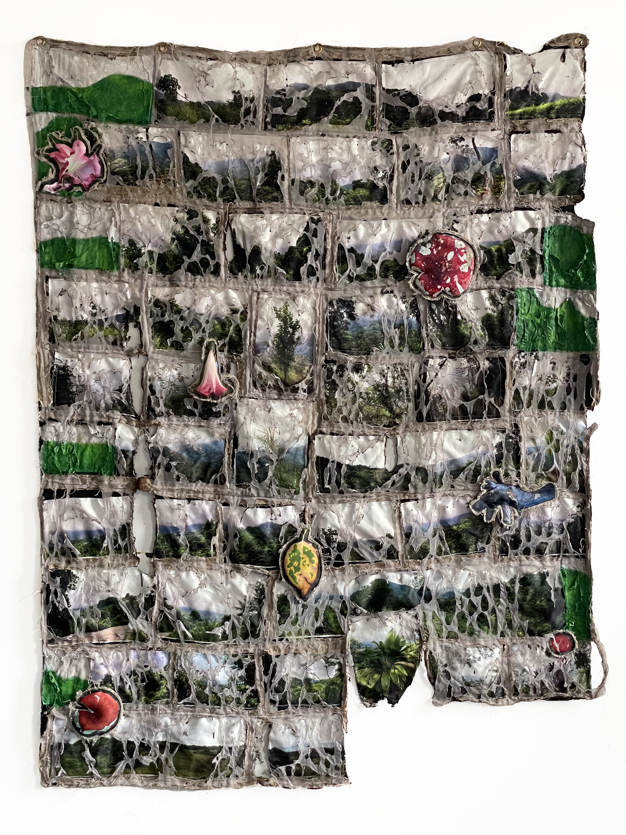 “Sierra Quemada” 2021 54 x 72 in. Acrylic, fabric prints, organza, burlap, and batting.