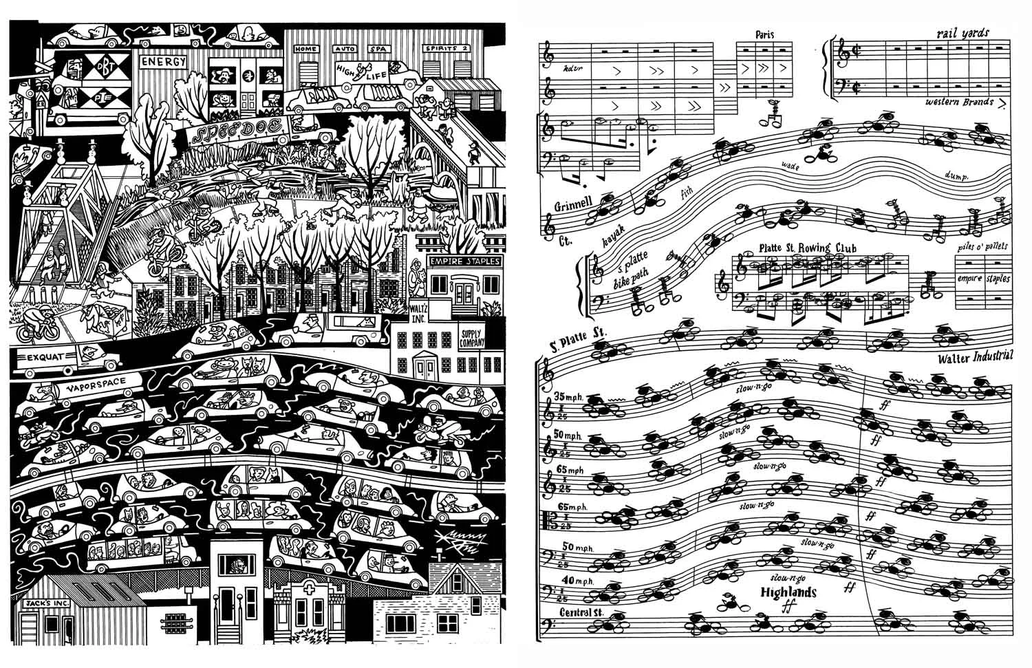 Valley Highway (Interstate 25) in illustration and in score.