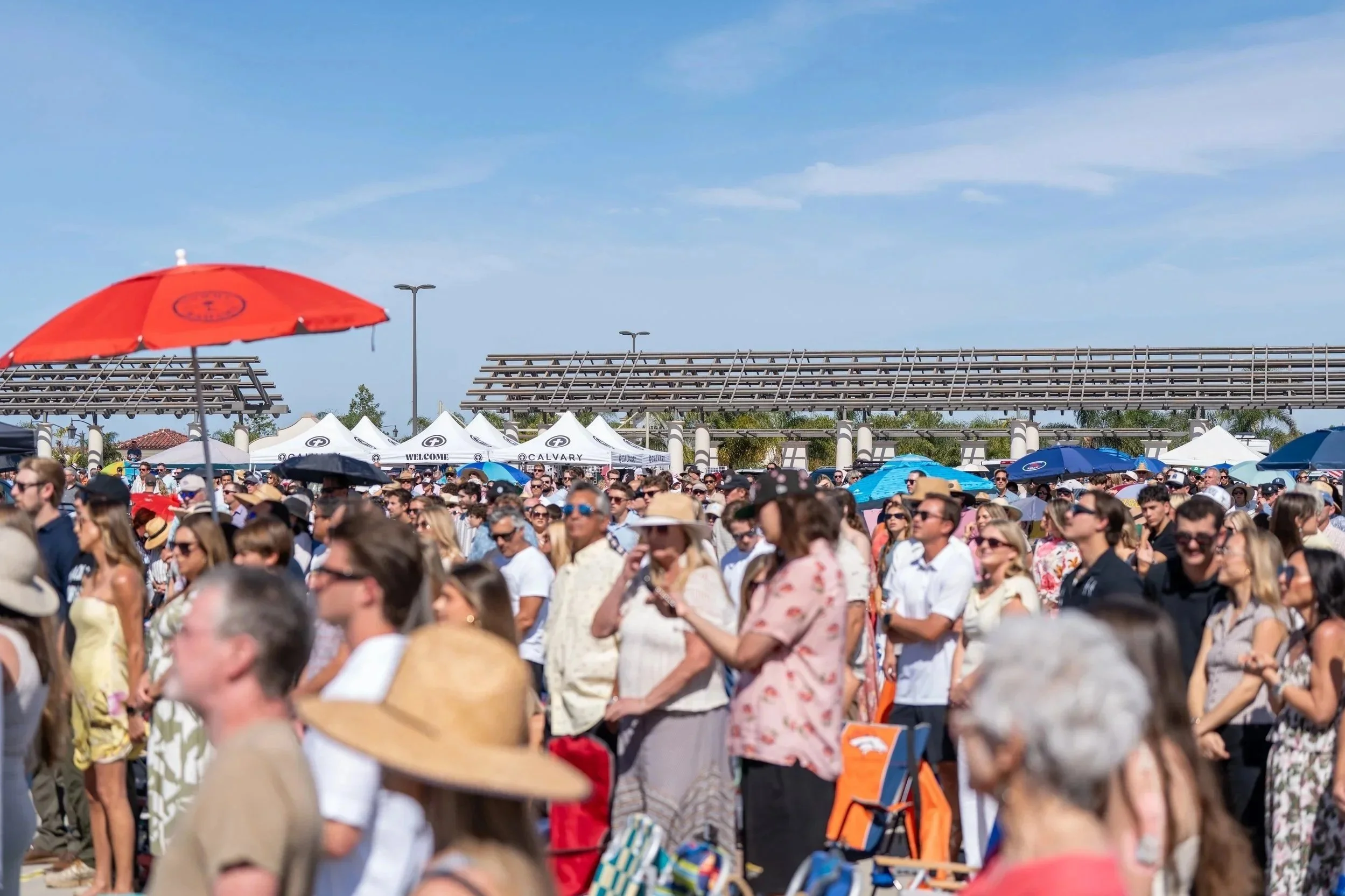 Church at the Outlets in San Clemente, Calvary South OC gathers outdoors for Easter service with worship, Bible teaching with Pastor John Randall