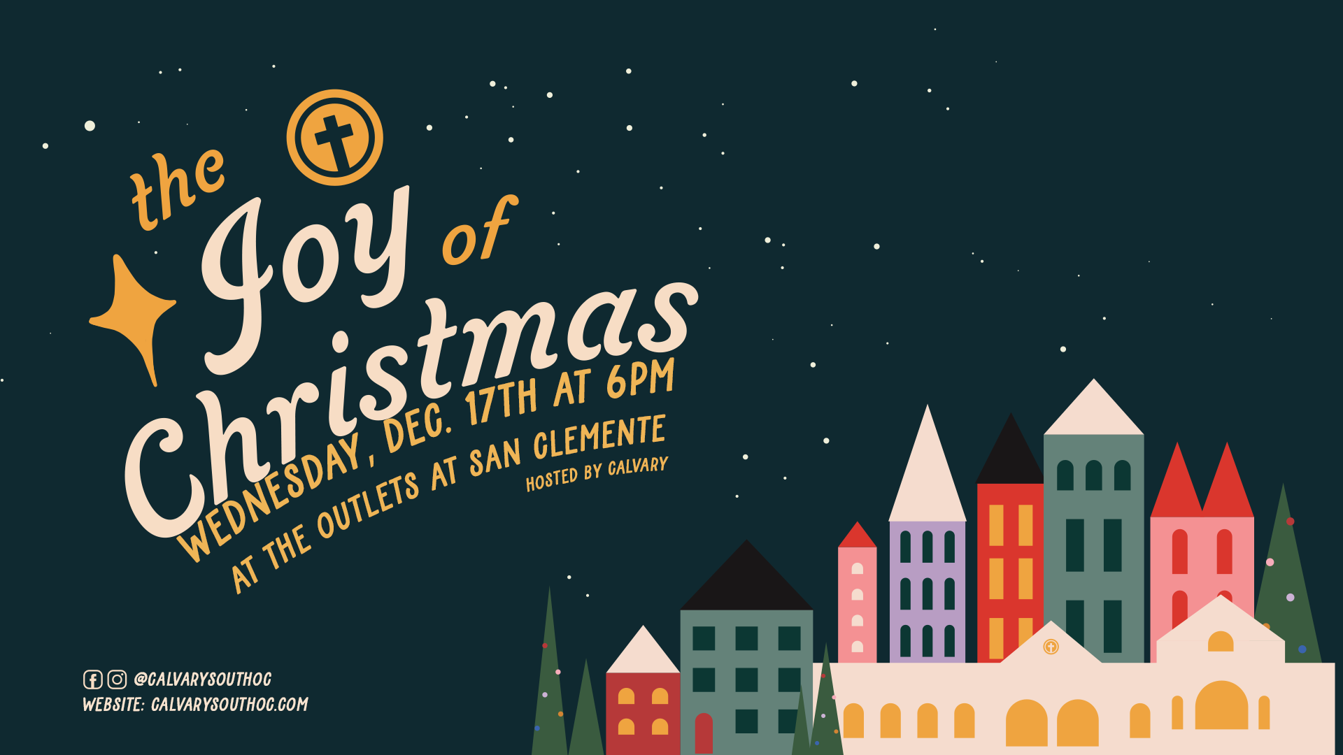 Invitation graphic for a Christmas event featuring a dark starry sky with white stars, a decorated Christmas tree, and colorful stylized buildings representing a cityscape with a church, promoting a night of worship, Christmas carols, and more on December 18th at 6:00 PM at San Clemente, hosted by Calvary South OC.