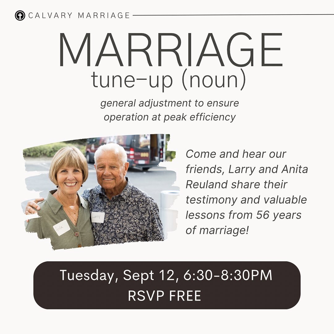 We&rsquo;re hosting our 2nd Marriage Tune-Up!

👉🏻Tuesday, Sept 12.
🙌🏼 6:30PM to 8:30PM 

🔥 RSVP FREE NOW

Our friends, Larry and Anita Reuland will  share their testimony and the valuable lessons they&rsquo;ve learned during their 56 years of ma