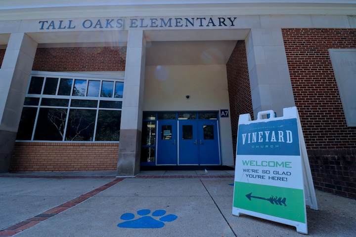 Entrance to Tall Oaks Elementary School, where Charlottesville Vineyard Worship gathering meets.