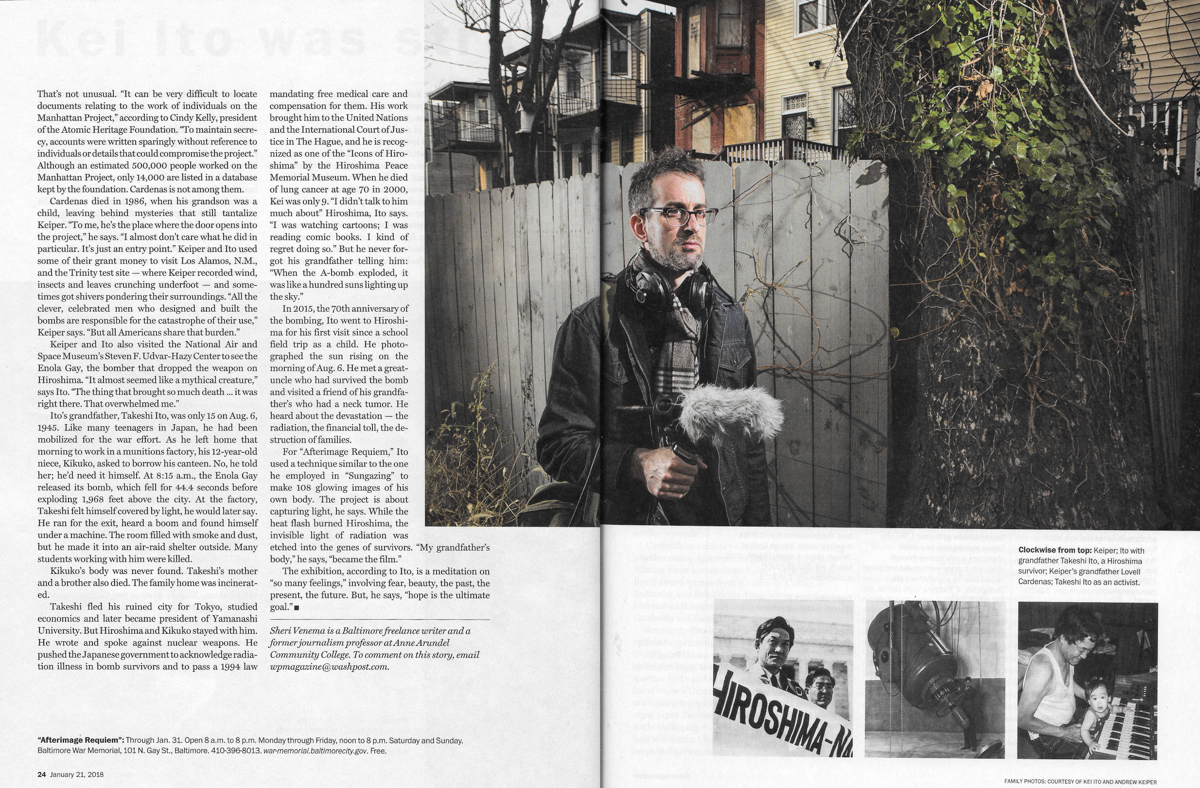Page 24 & 25 Physical magazine was published worldwide on 01/21/2018 https://www.washingtonpost.com/lifestyle/magazine/one-grandfather-worked-on-the-a-bomb-the-other-was-a-victim-an-exhibit-explores-the-effects/2018/01/17/3a311764-df5a-11e7-8679-a9728984779c_story.html?utm_term=.0fe596be1424