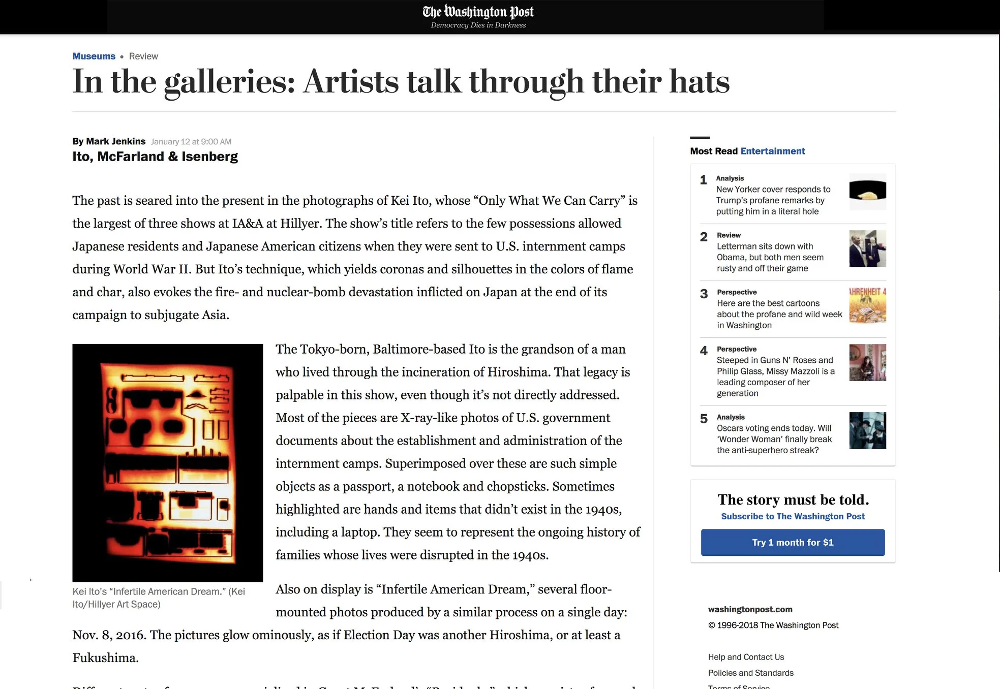 Physical magazine was published nationwide on 01/14/2018 https://www.washingtonpost.com/entertainment/museums/in-the-galleries-artists-talk-through-their-hats/2018/01/11/43b56336-f48f-11e7-b34a-b85626af34ef_story.html?utm_term=.02c697d3ede8