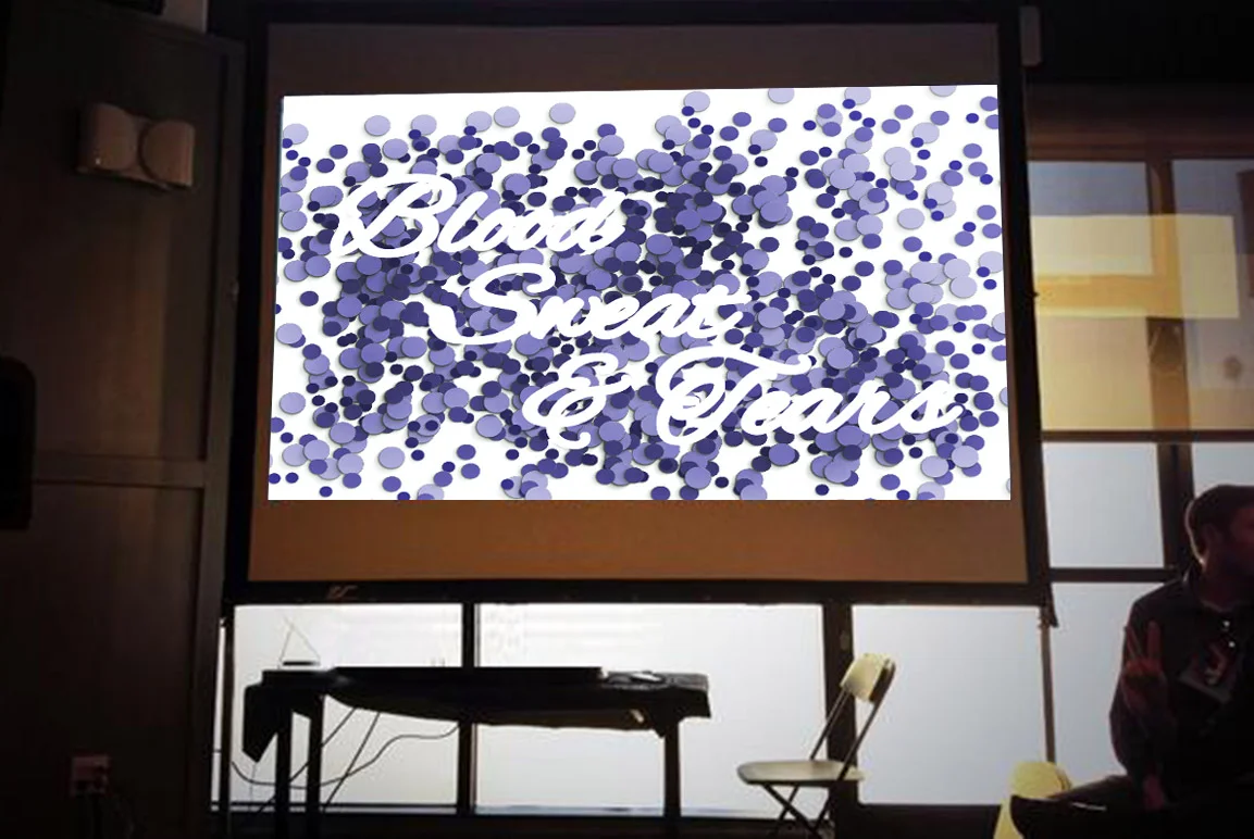 Proposed: A projection would display incoming geo-tagged tweets from the different cities where PN was being held. Messages would be shown as floating purple color-coded timestamp dots. As the display fills and the dots become more dense, the words ‘Blood, Sweat & Tears’ would be revealed. 