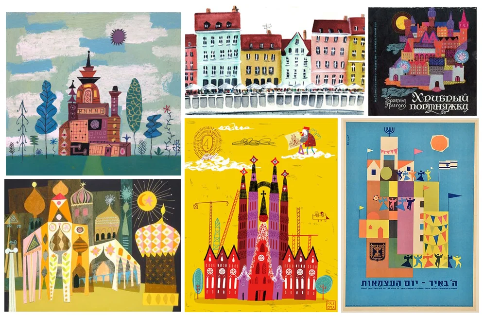 Clockwise from top left: Calef Brown , Lizzy Stewart , Igor Galanin , Z Berger , Paloma Valdivia , Mary Blair .