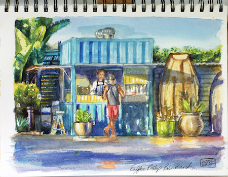 Coffee Kiosk at Palm Beach, watercolour sketch, Stephanie GallowayBrown