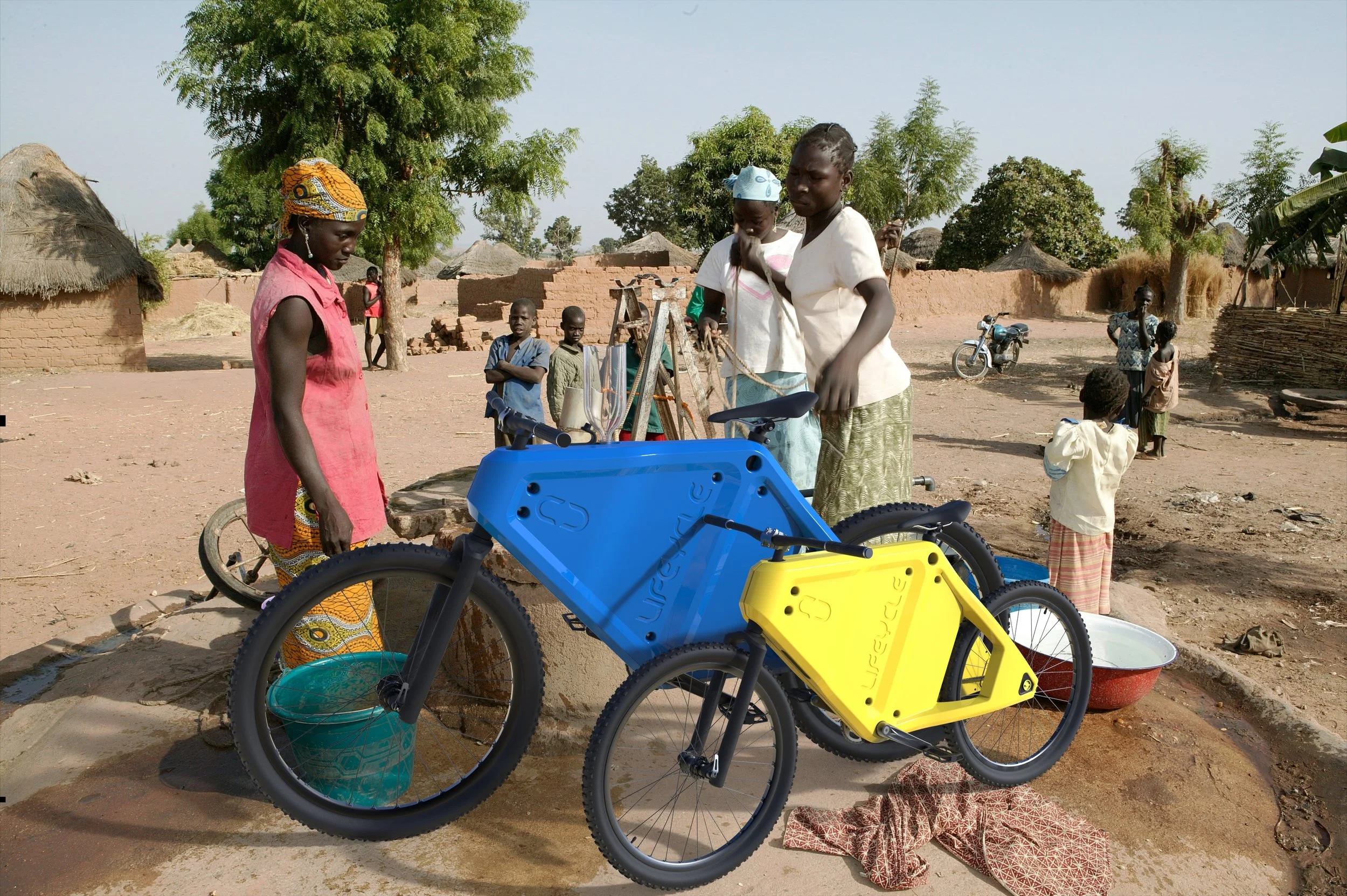 Concept Image - showing the proposed LC1-A (Blue Adult Frame) getting filled at a local well with a cut off coke bottle. 