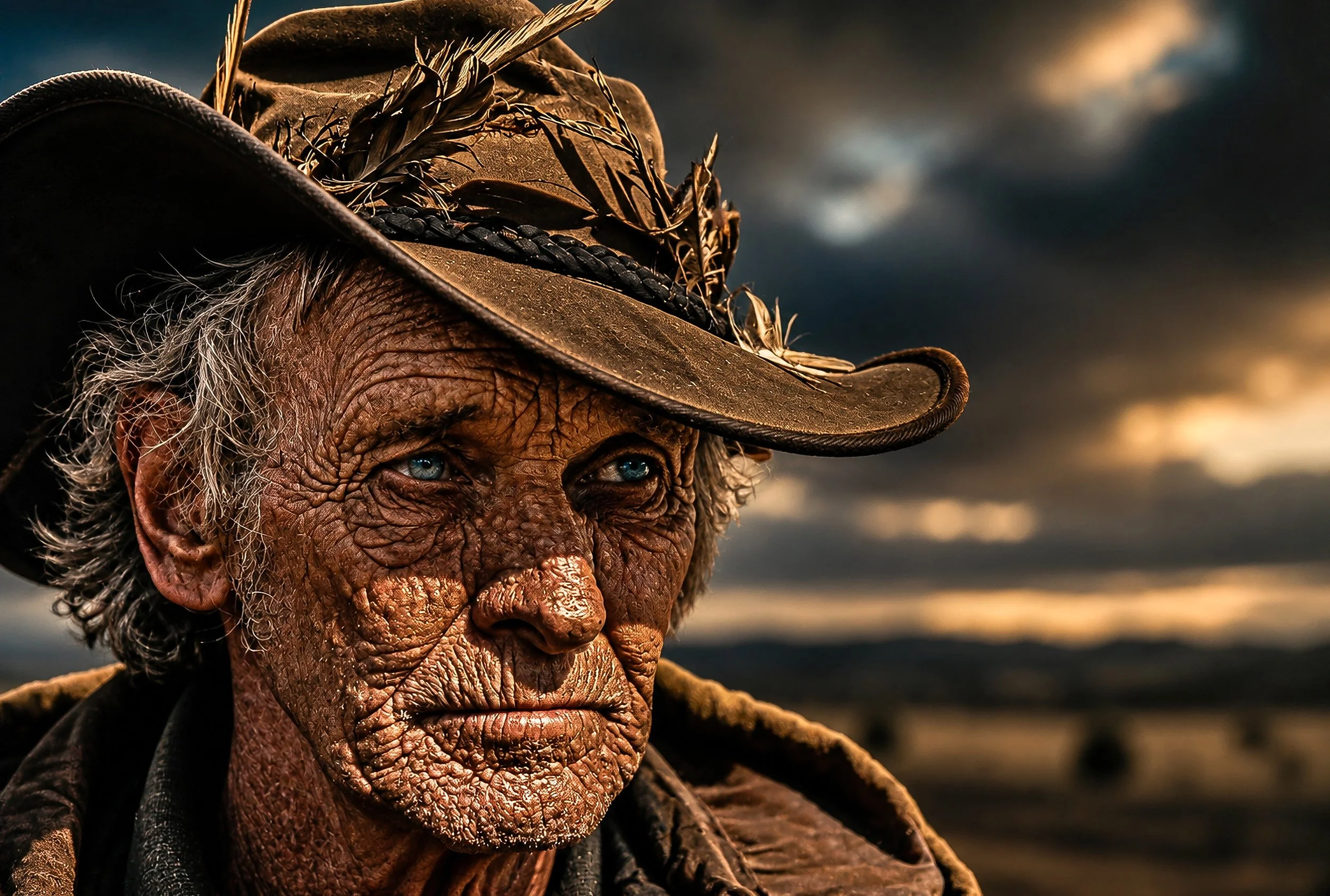 Close-up of an elderly man with deep wrinkles and fair skin, wearing a cowboy hat decorated with wheat and feathers, against a dark cloudy sky background.